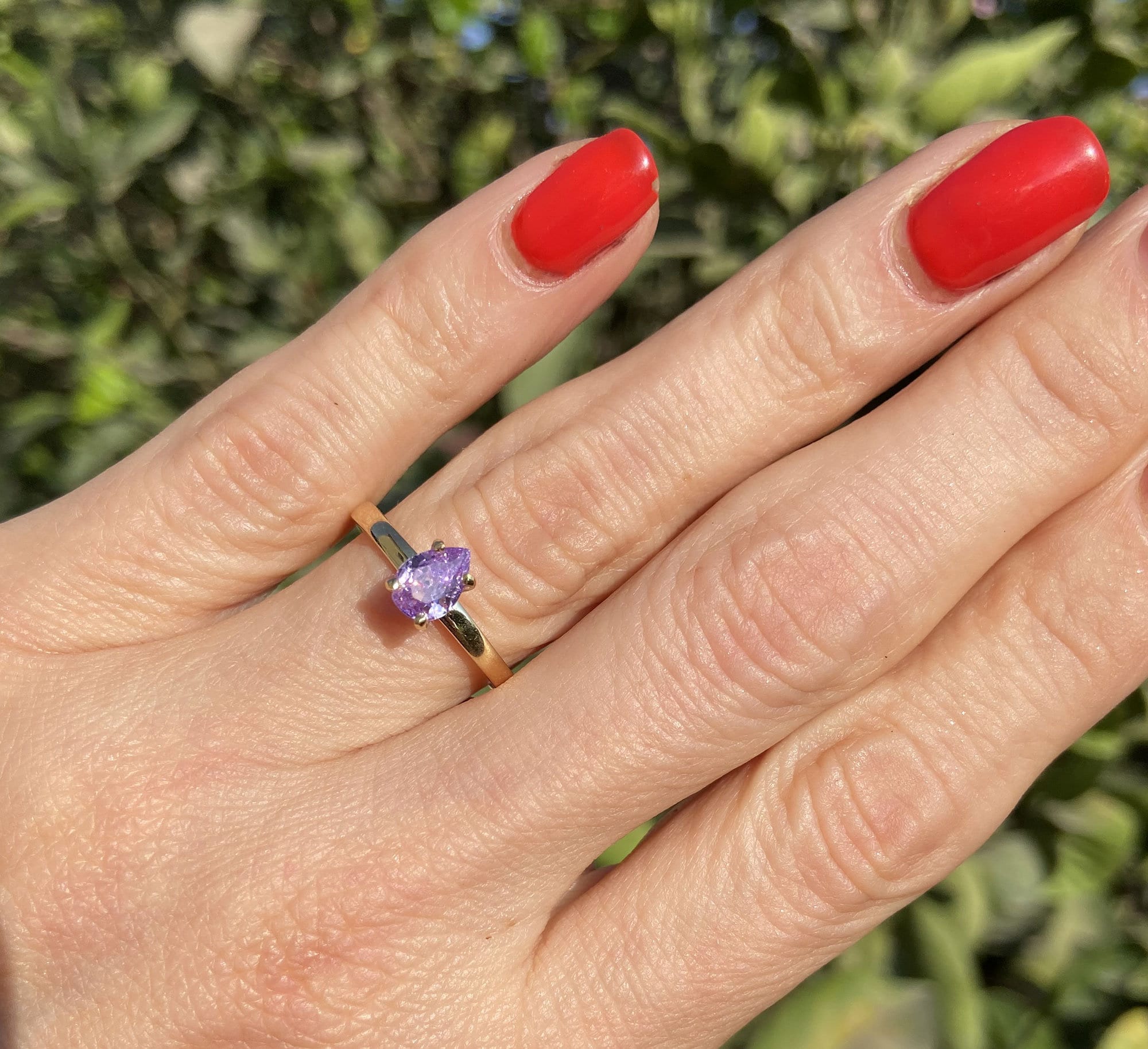 Lavender Amethyst Ring - Solitaire Ring with Pear-Shaped Lavender Amethyst Gemstone - H.L.Jewelry