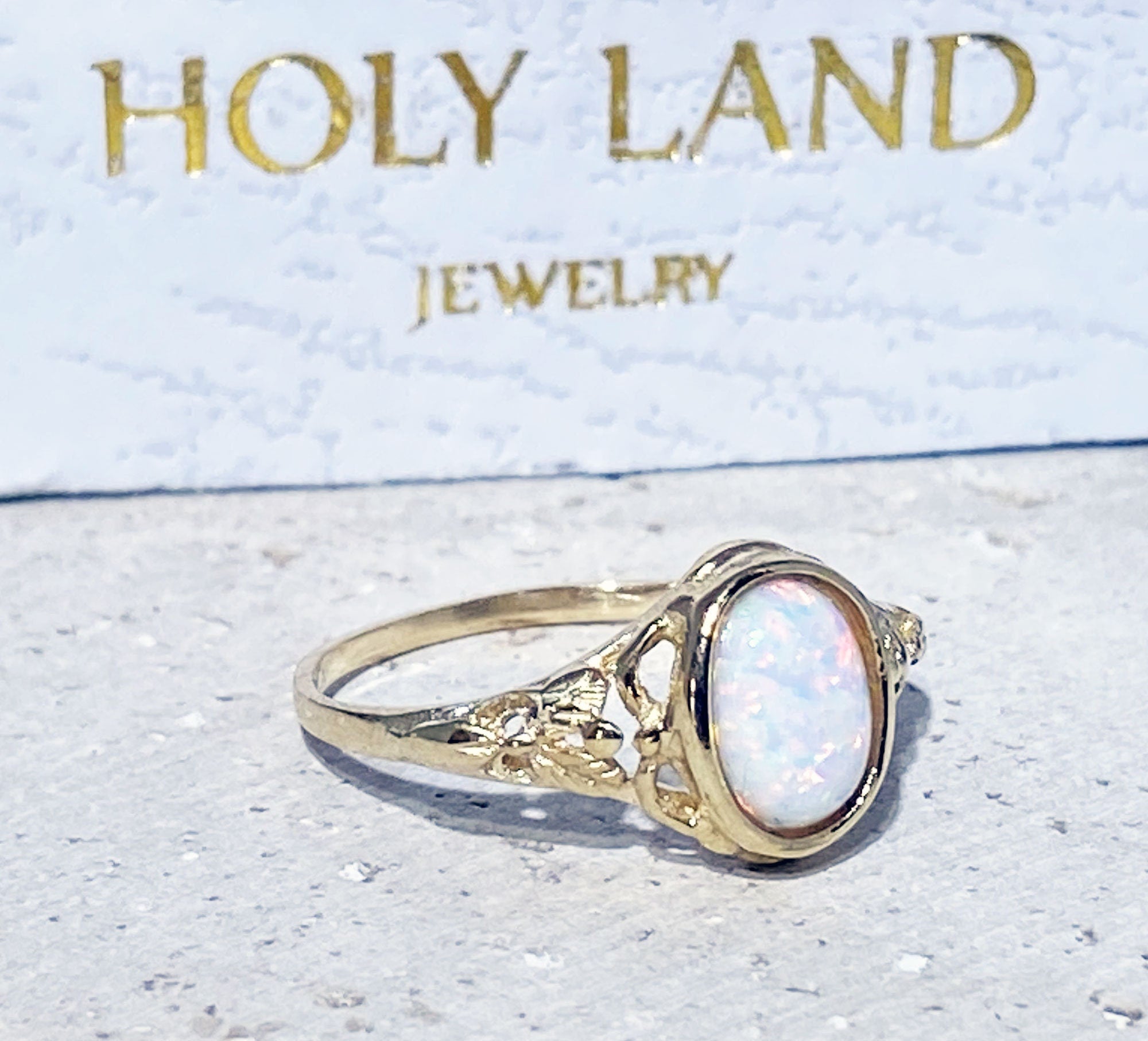 White Opal Ring - Oval White Opal Gemstone Lace Ring - H.L.Jewelry