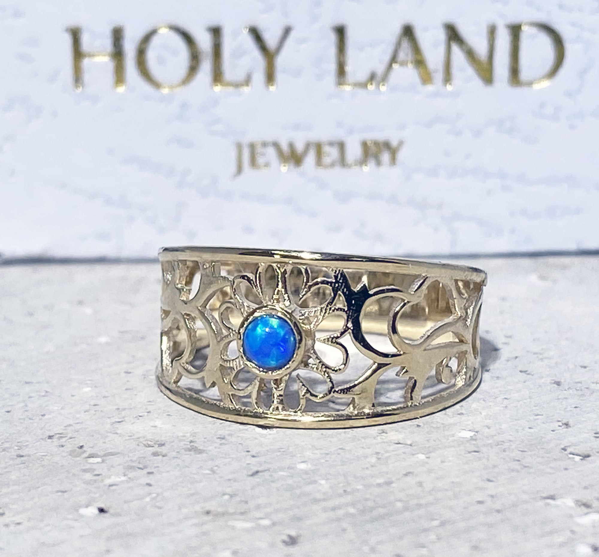 Blue Opal Ring - October Birthstone Jewelry - Lace Wide Band Ring with Blue Opal Gemstone - H.L.Jewelry