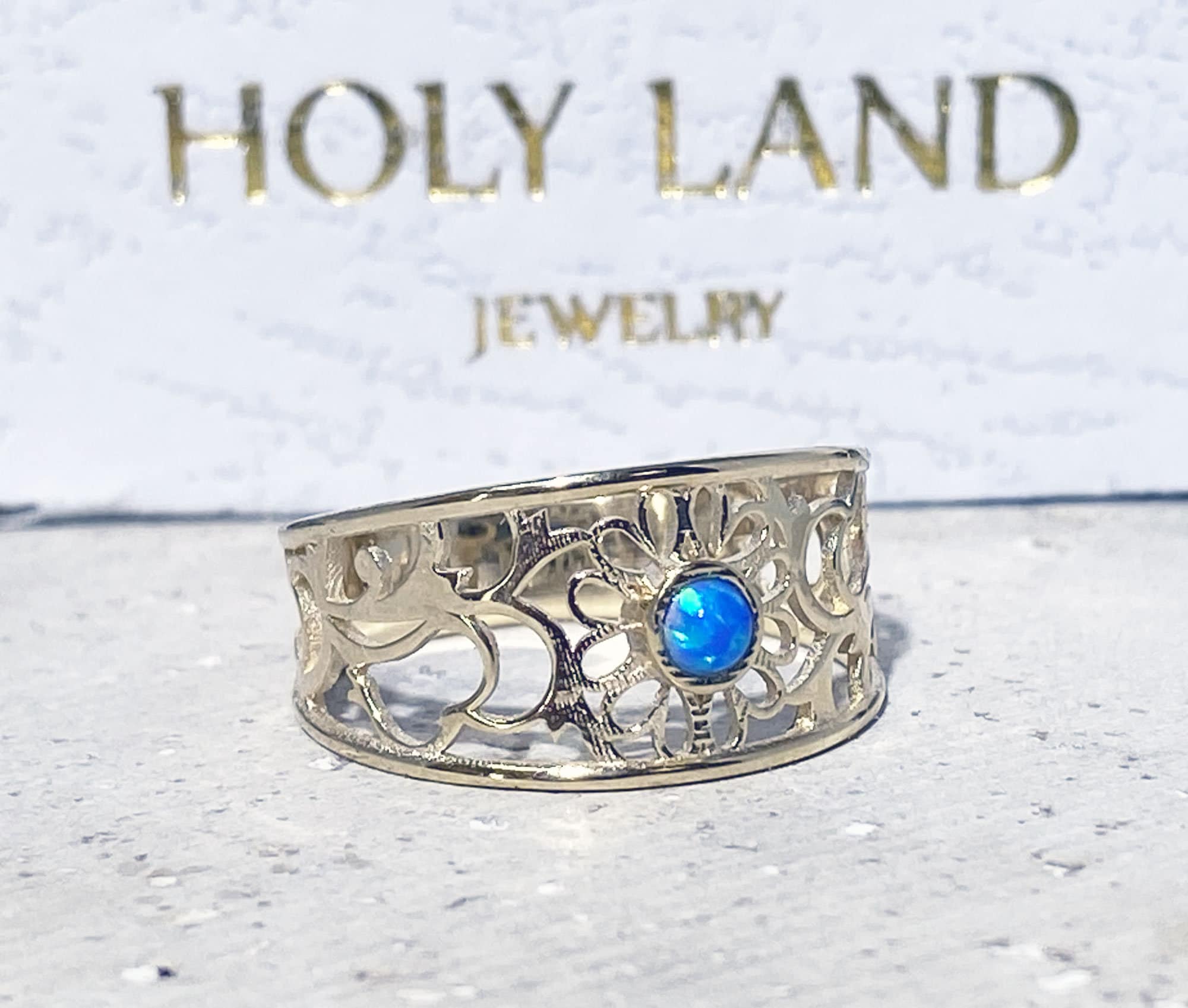 Blue Opal Ring - October Birthstone Jewelry - Lace Wide Band Ring with Blue Opal Gemstone - H.L.Jewelry