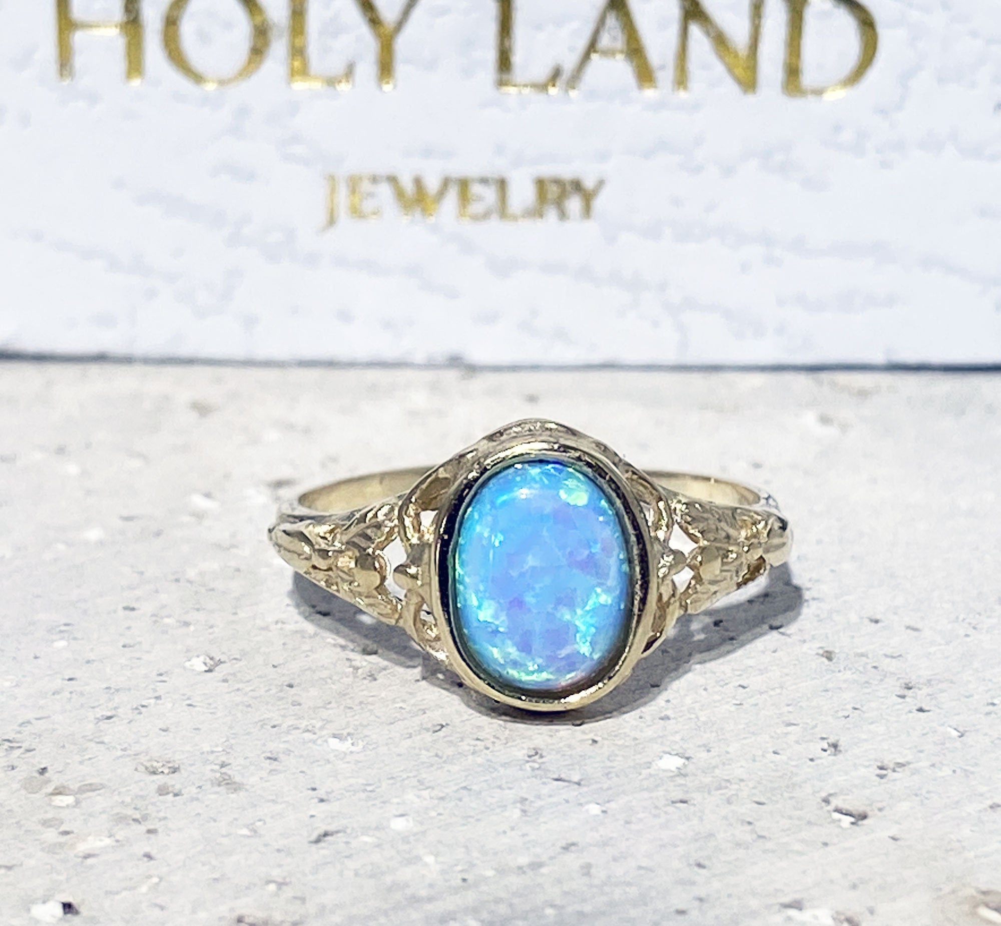 Blue Opal Ring - October Birthstone - Oval Blue Opal Gemstone Lace Ring - H.L.Jewelry