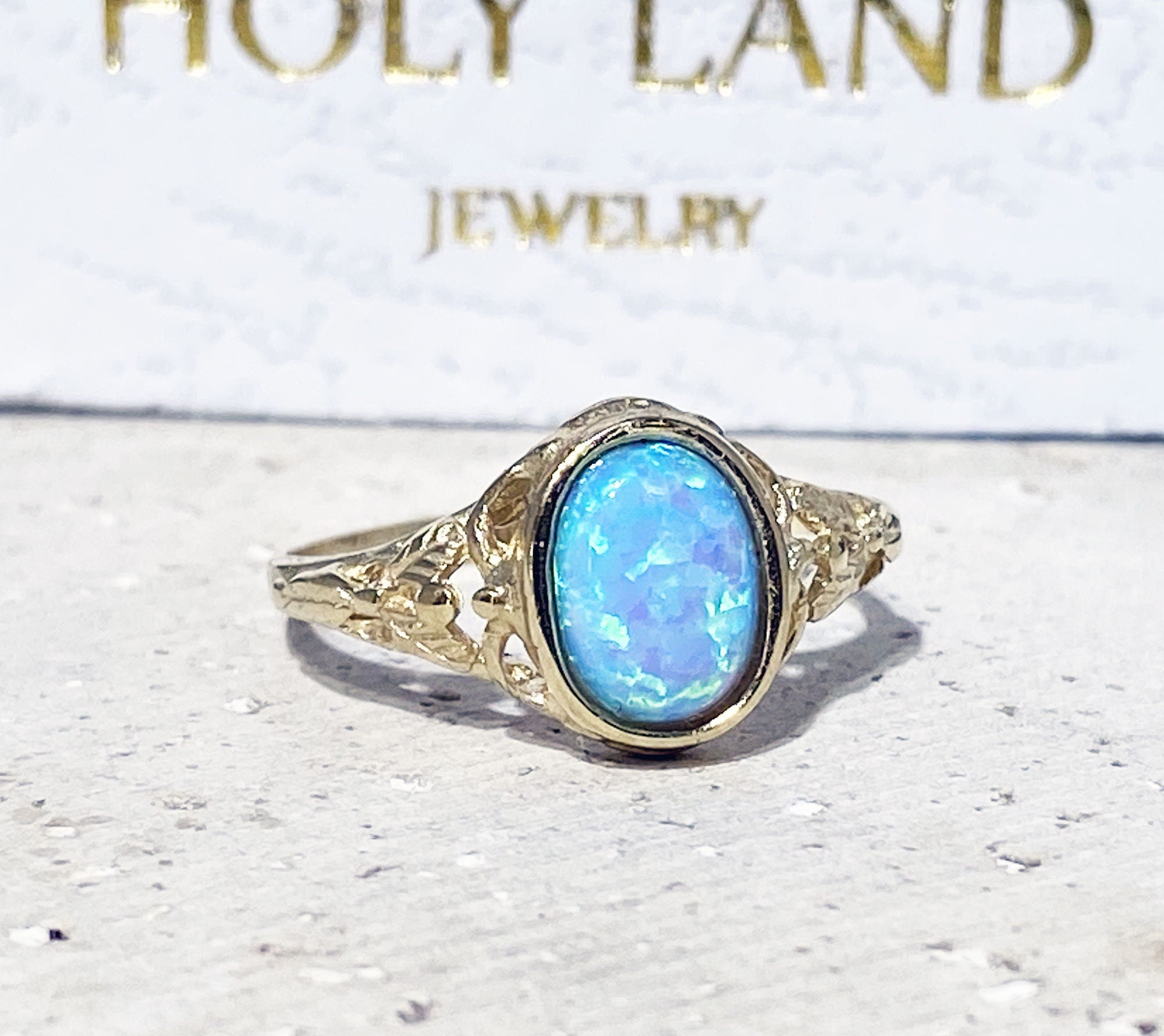 Blue Opal Ring - October Birthstone - Oval Blue Opal Gemstone Lace Ring - H.L.Jewelry