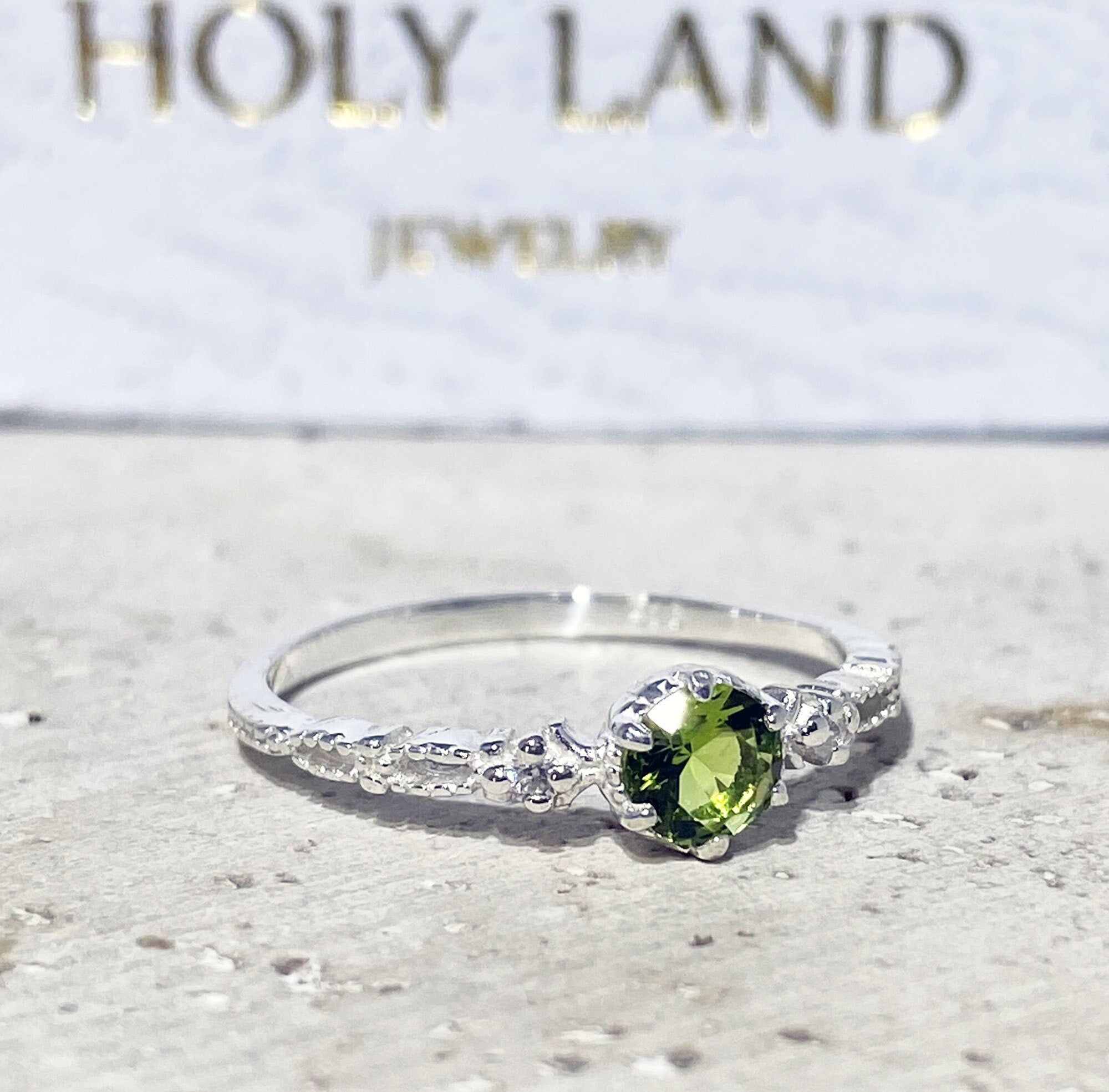 Peridot Ring - August Birthstone - Delicate Ring with Round Peridot Gemstone and Clear Quartz Accents - H.L.Jewelry