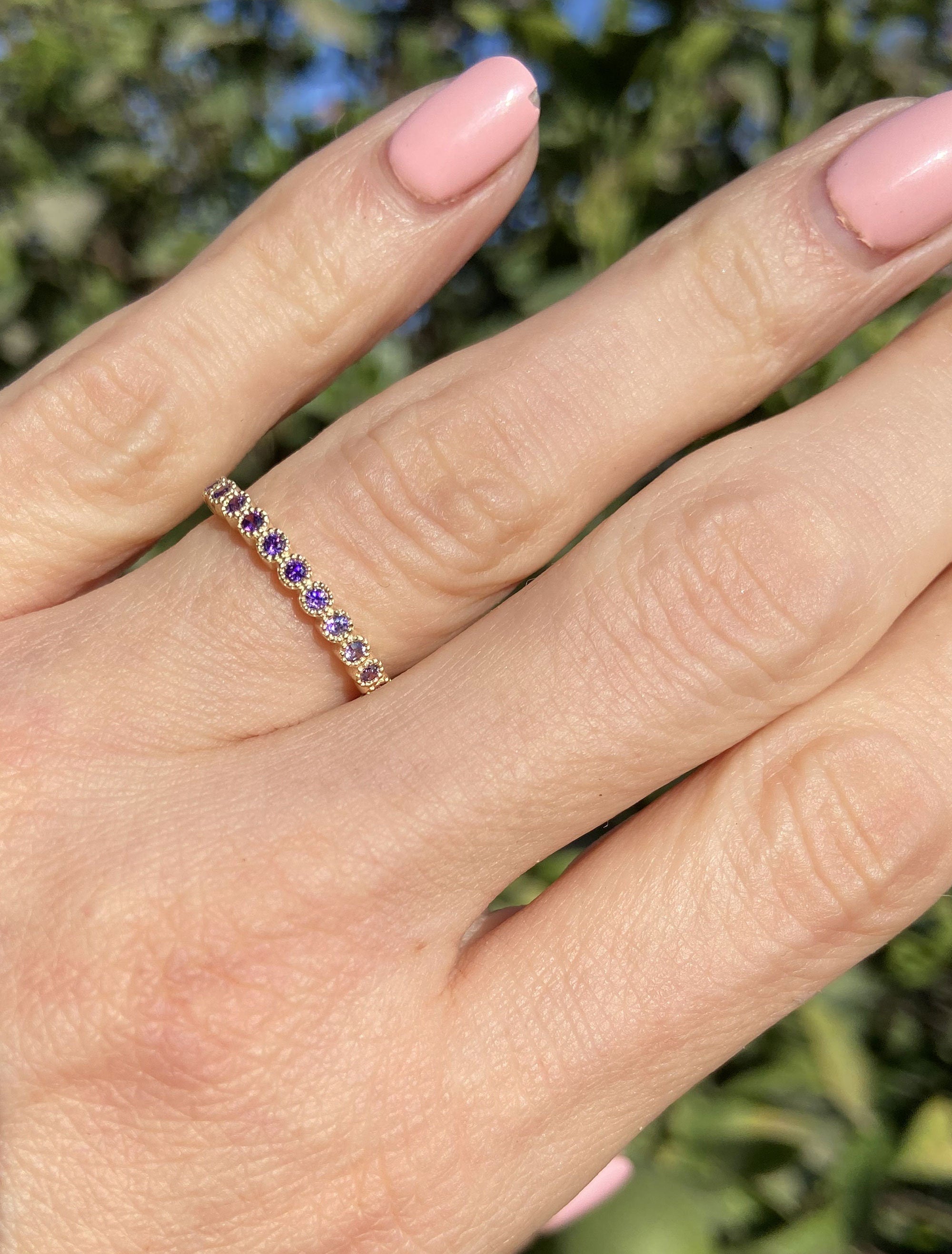 Amethyst Ring - February Birthstone - Stacking Ring with Eleven Round Amethyst Stones - H.L.Jewelry