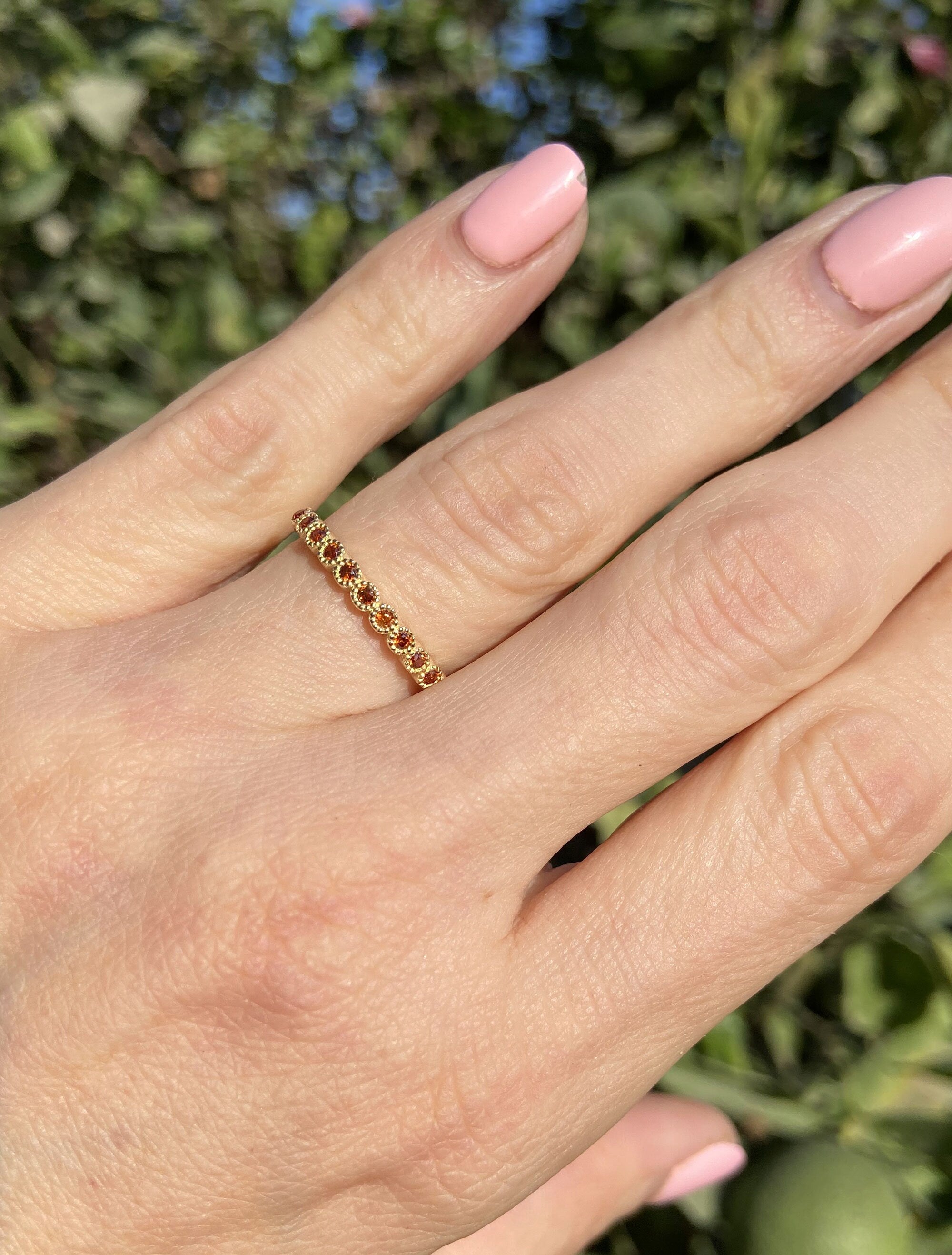 Red Garnet Ring - January Birthstone - Delicate Stacking Ring with Eleven Round Red Garnet Gemstones - H.L.Jewelry