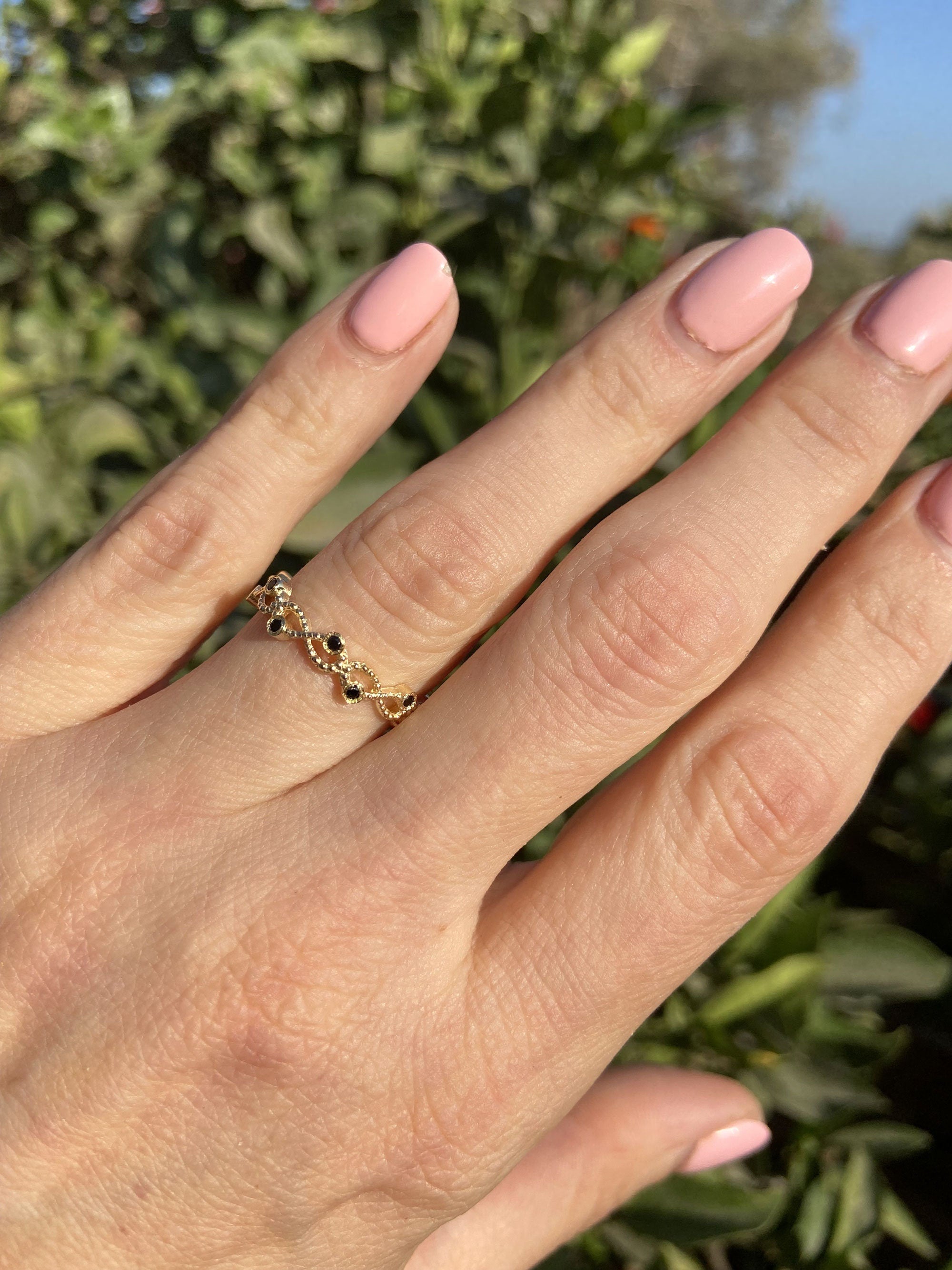 Black Onyx Ring - December Birthstone - Infinity Ring with Small Round Black Onyx Gemstones - H.L.Jewelry