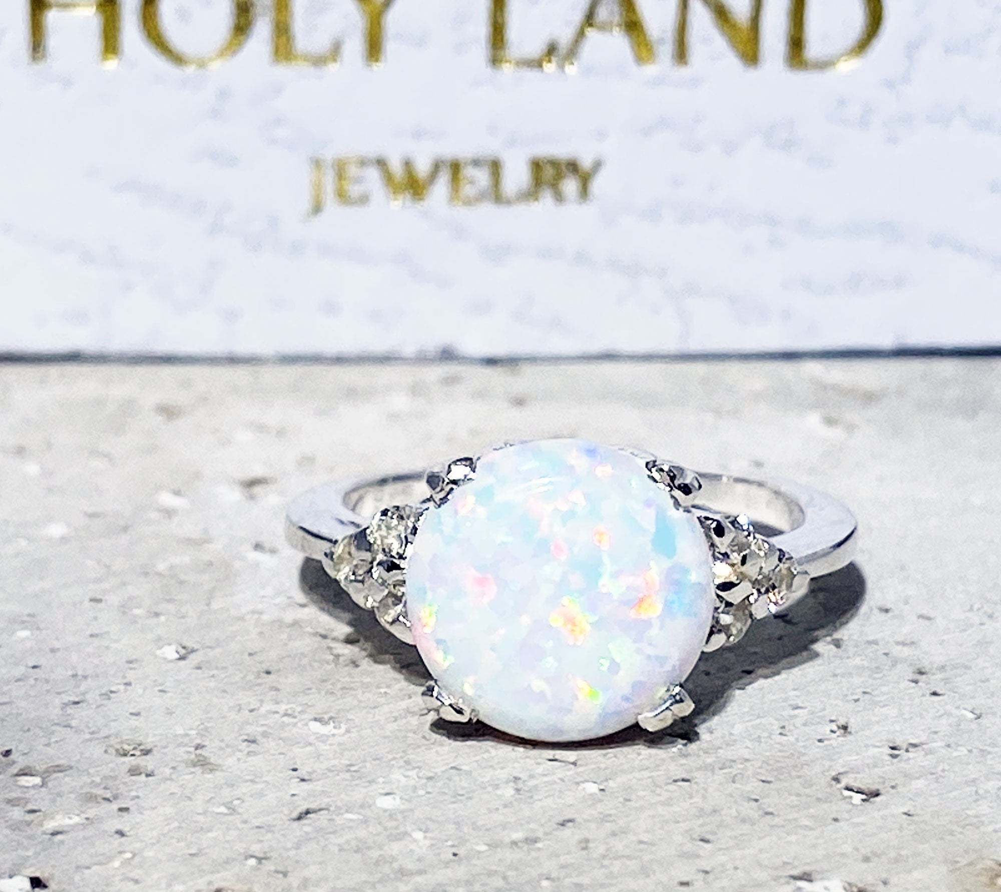 White Opal Ring - Round White Opal Gemstone Statement Engagement Ring with Clear Quartz Accents - H.L.Jewelry