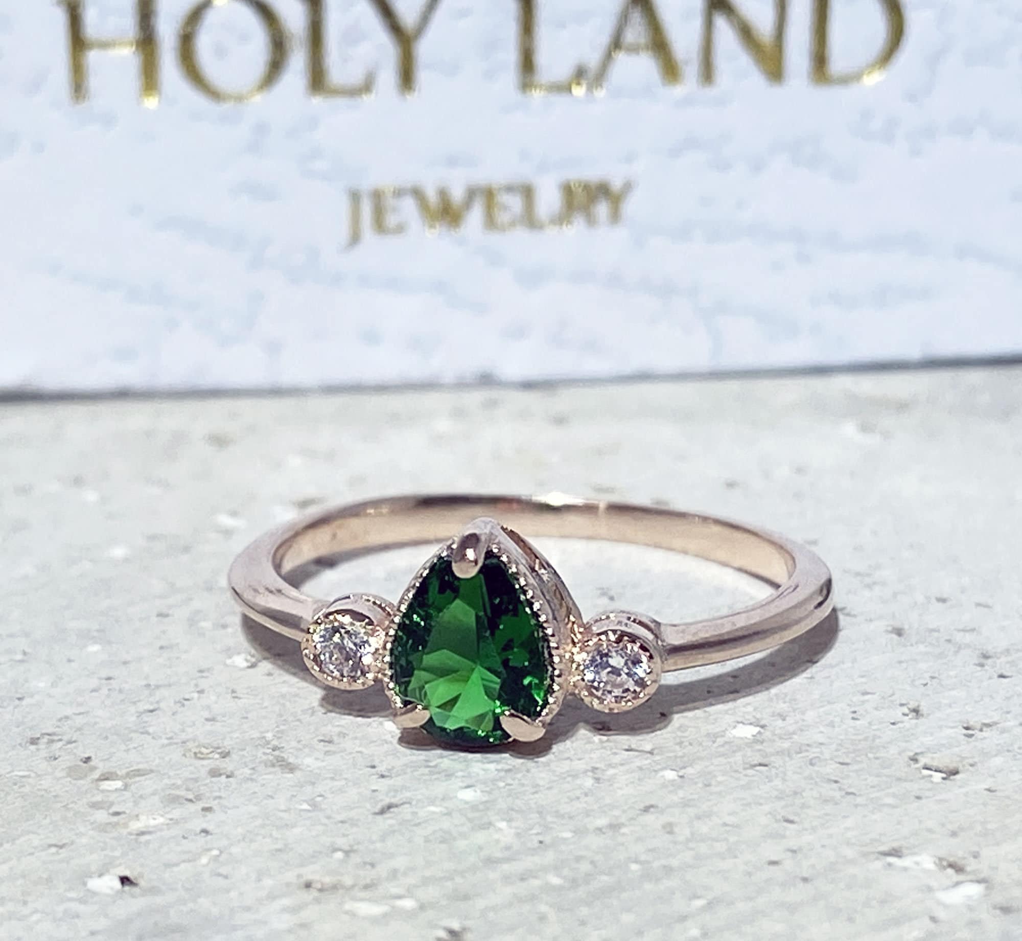 Emerald Ring - May Birthstone - Delicate Ring with Pear-Shaped Emerald Gemstone and Clear Quartz Accents - H.L.Jewelry