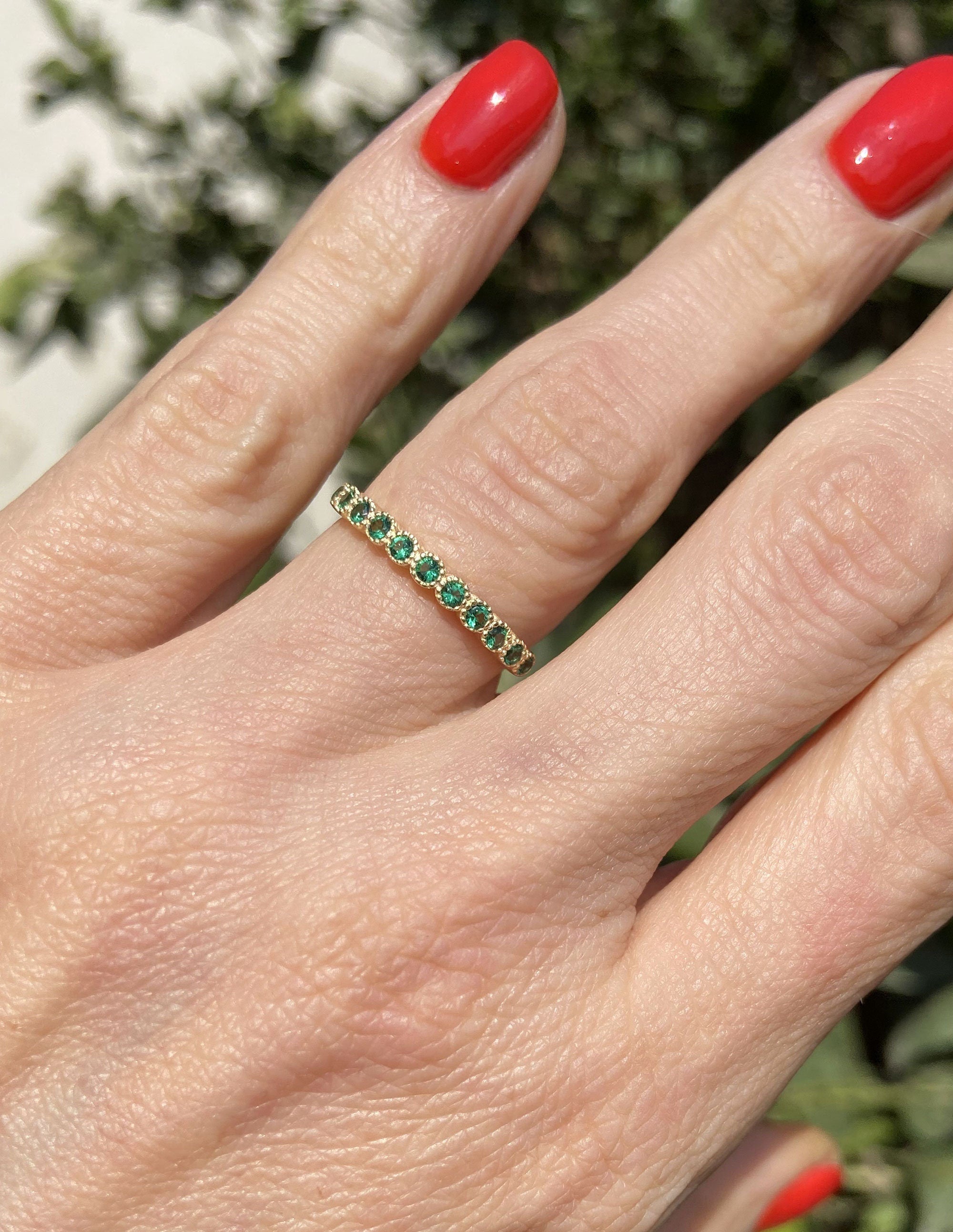 Emerald Ring - May Birthstone - Delicate Stacking Half Eternity Ring with Eleven Round Emerald Gemstones - H.L.Jewelry