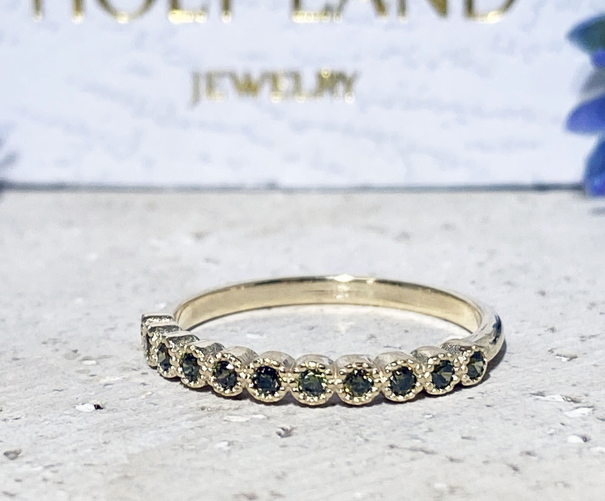 Peridot Ring - August Birthstone - Stacking Half Eternity Ring with Eleven Round Peridot Gemstones - H.L.Jewelry