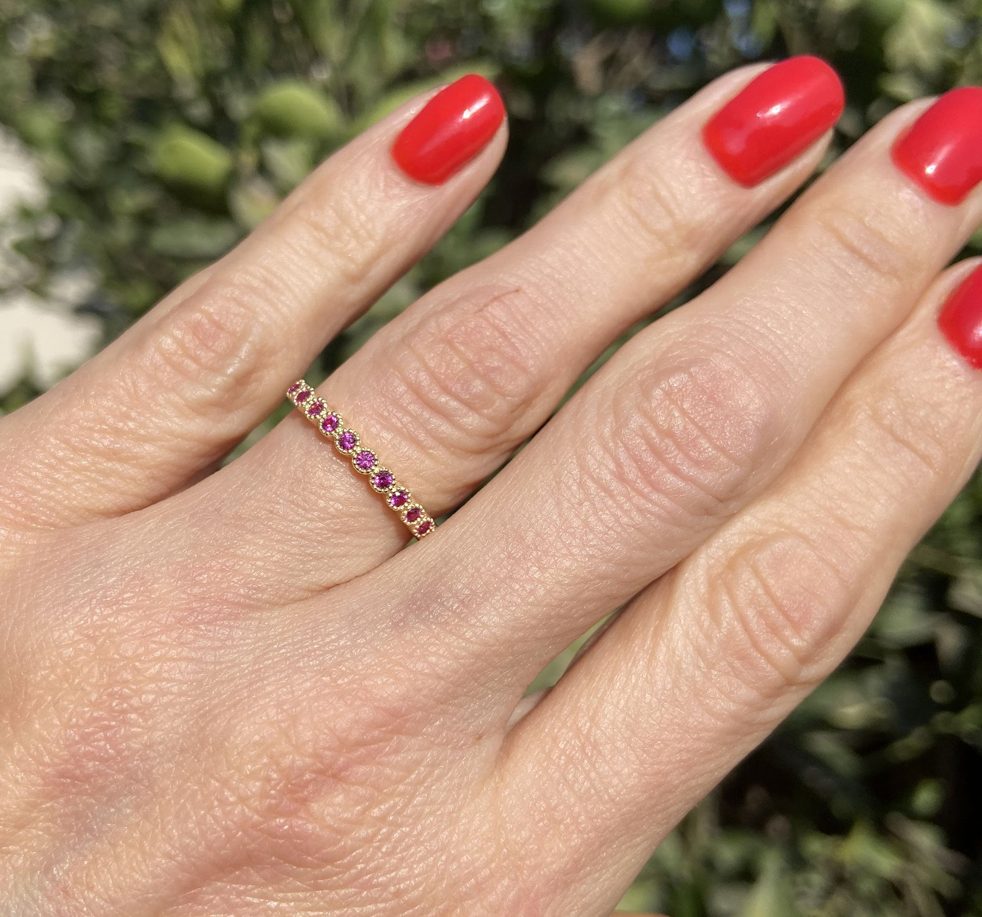 Ruby Ring - July Birthstone - Gold Ring - Stack Ring - Tiny Ring - Fuchsia Ring - Half Eternity Ring - H.L.Jewelry