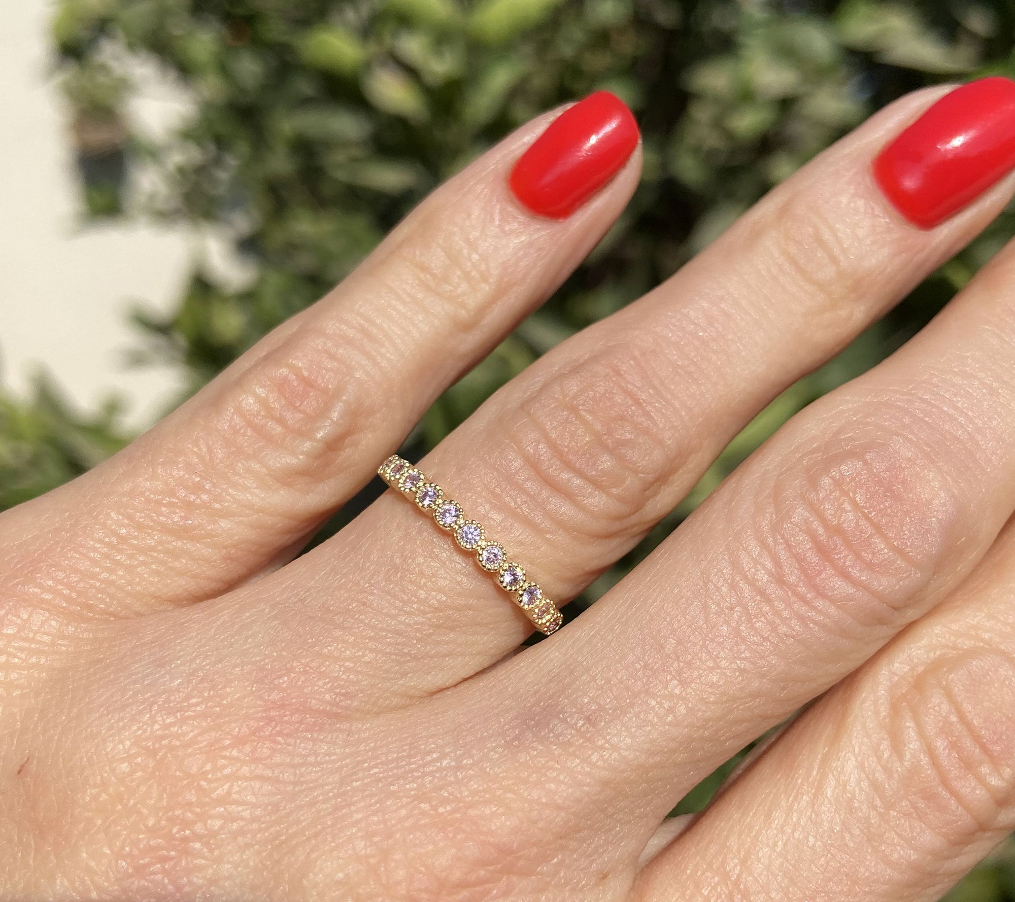 Rose Quartz Ring - October Birthstone - Stack Ring - Gold Ring - Bezel Ring - Delicate Ring - Half Eternity Ring - H.L.Jewelry