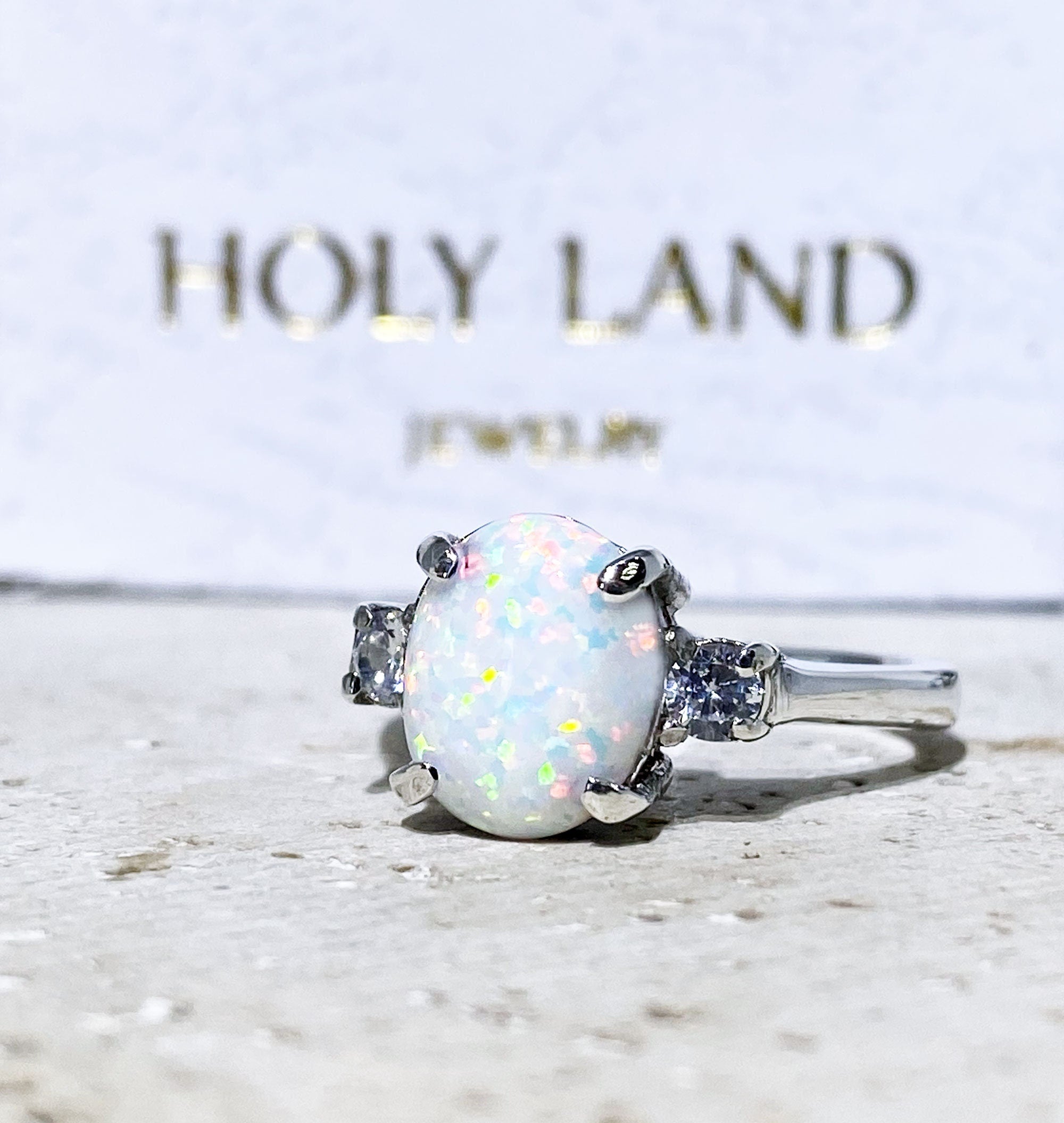 White Opal Ring - Oval White Opal Gemstone Statement Engagement Ring with Clear Quartz Accents - H.L.Jewelry