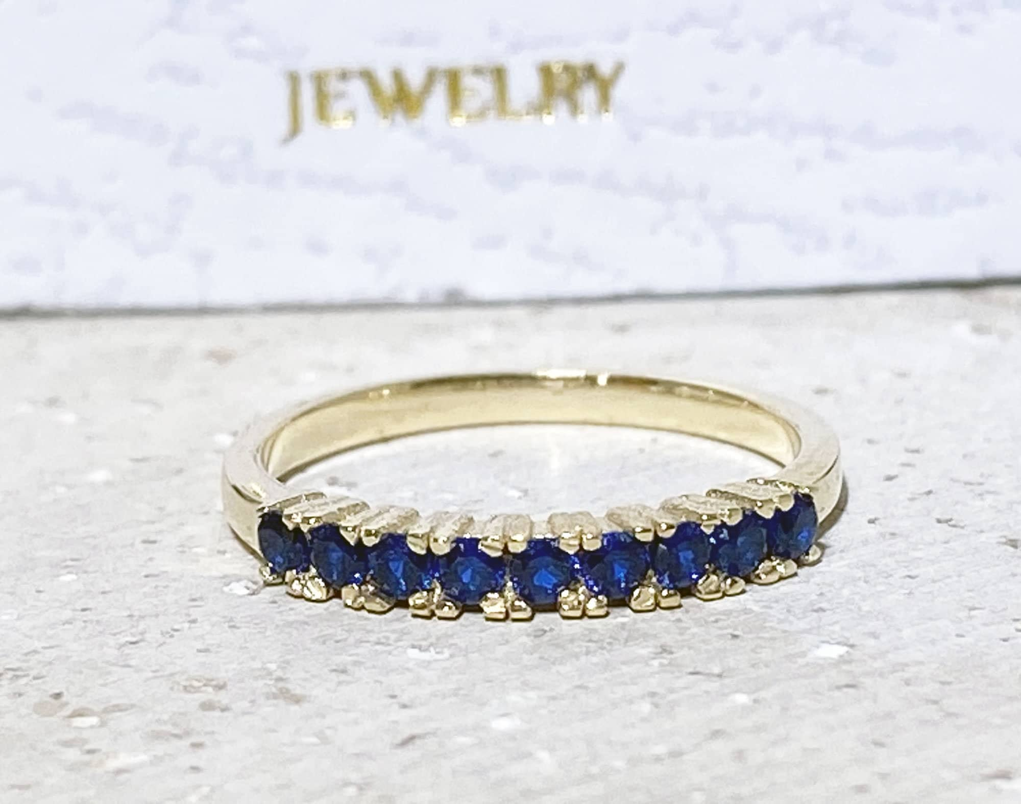 Blue Sapphire Ring - September Birthstone - Delicate Stacking Half Eternity Ring with Nine Round Blue Sapphire Gemstones - H.L.Jewelry