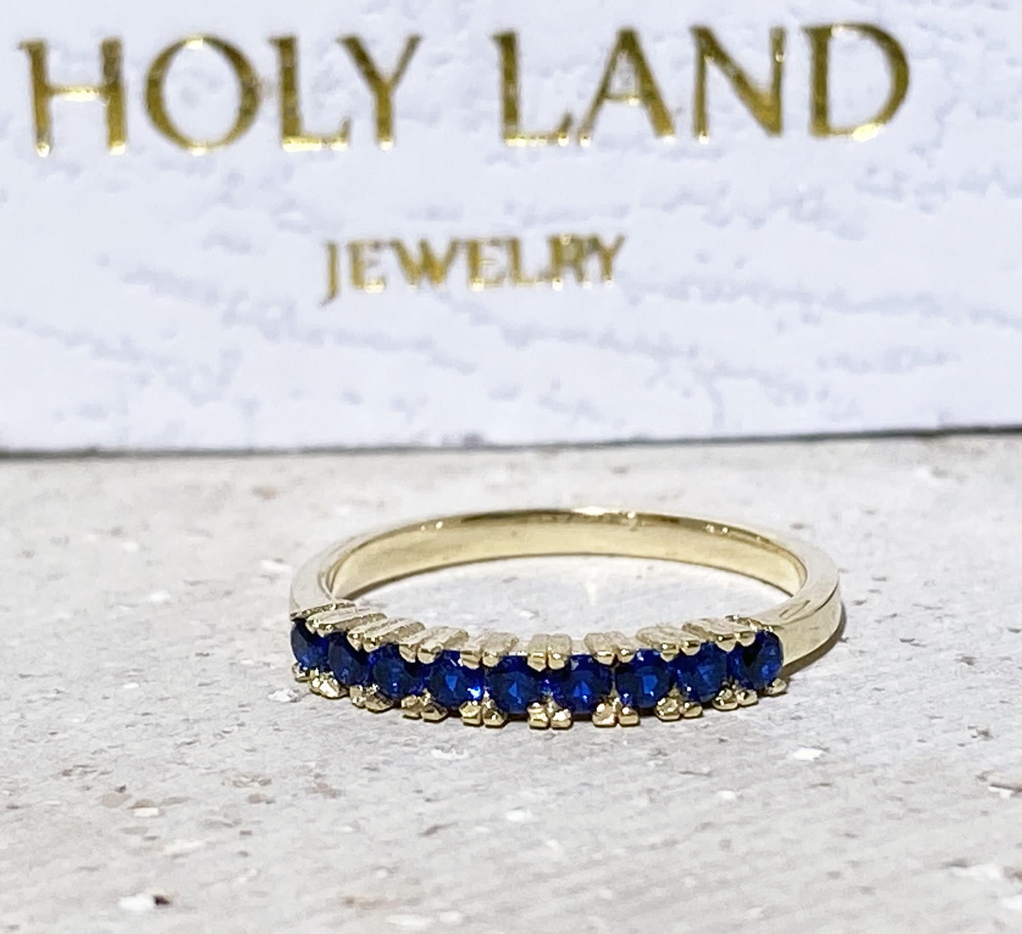 Blue Sapphire Ring - September Birthstone - Delicate Stacking Half Eternity Ring with Nine Round Blue Sapphire Gemstones - H.L.Jewelry