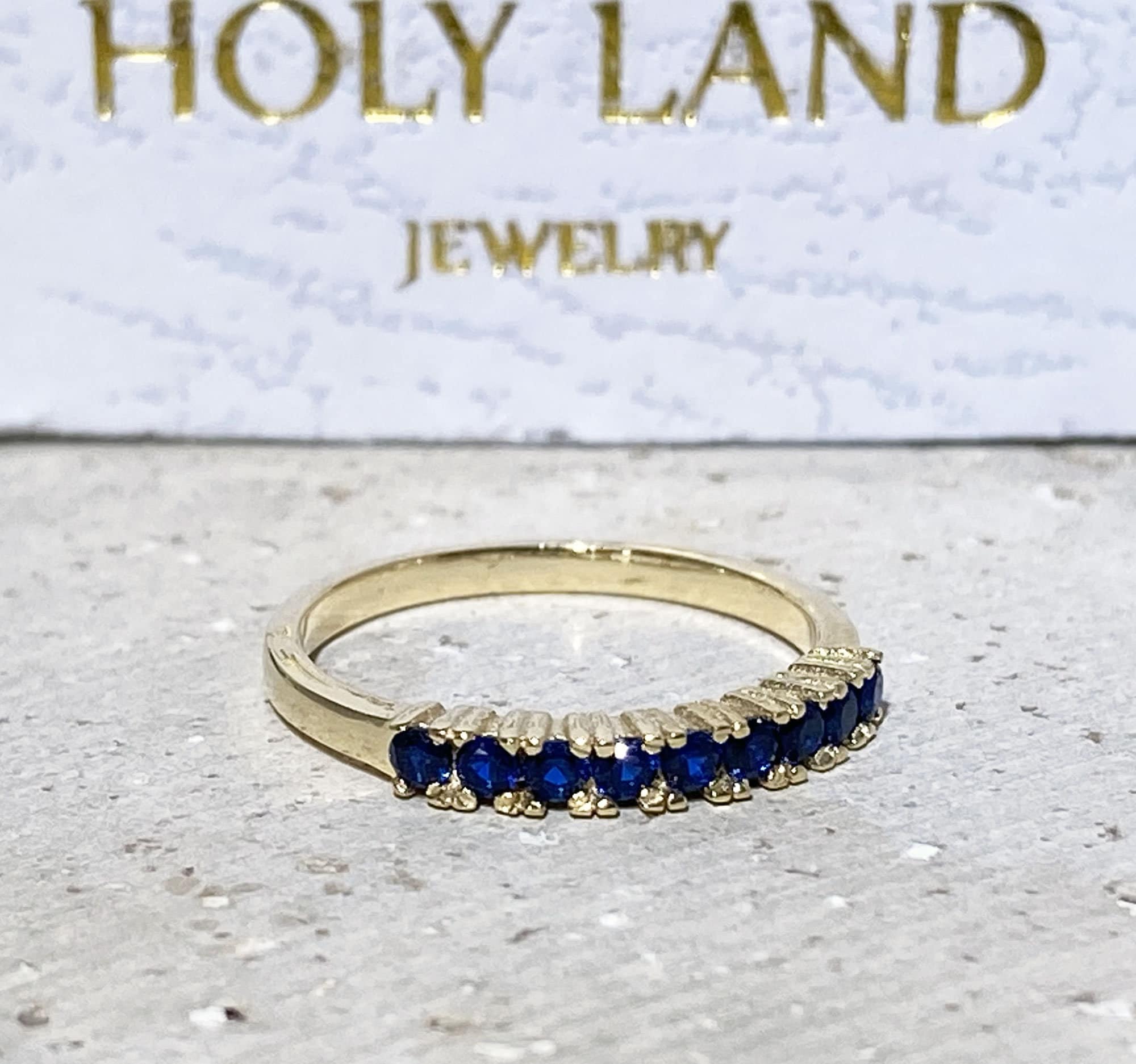 Blue Sapphire Ring - September Birthstone - Delicate Stacking Half Eternity Ring with Nine Round Blue Sapphire Gemstones - H.L.Jewelry