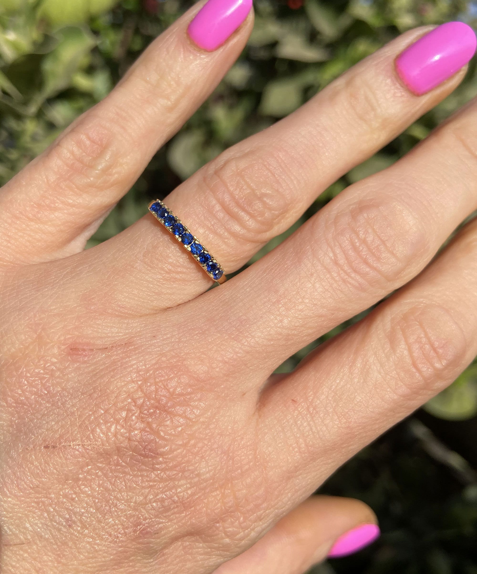 Blue Sapphire Ring - September Birthstone - Delicate Stacking Half Eternity Ring with Nine Round Blue Sapphire Gemstones - H.L.Jewelry