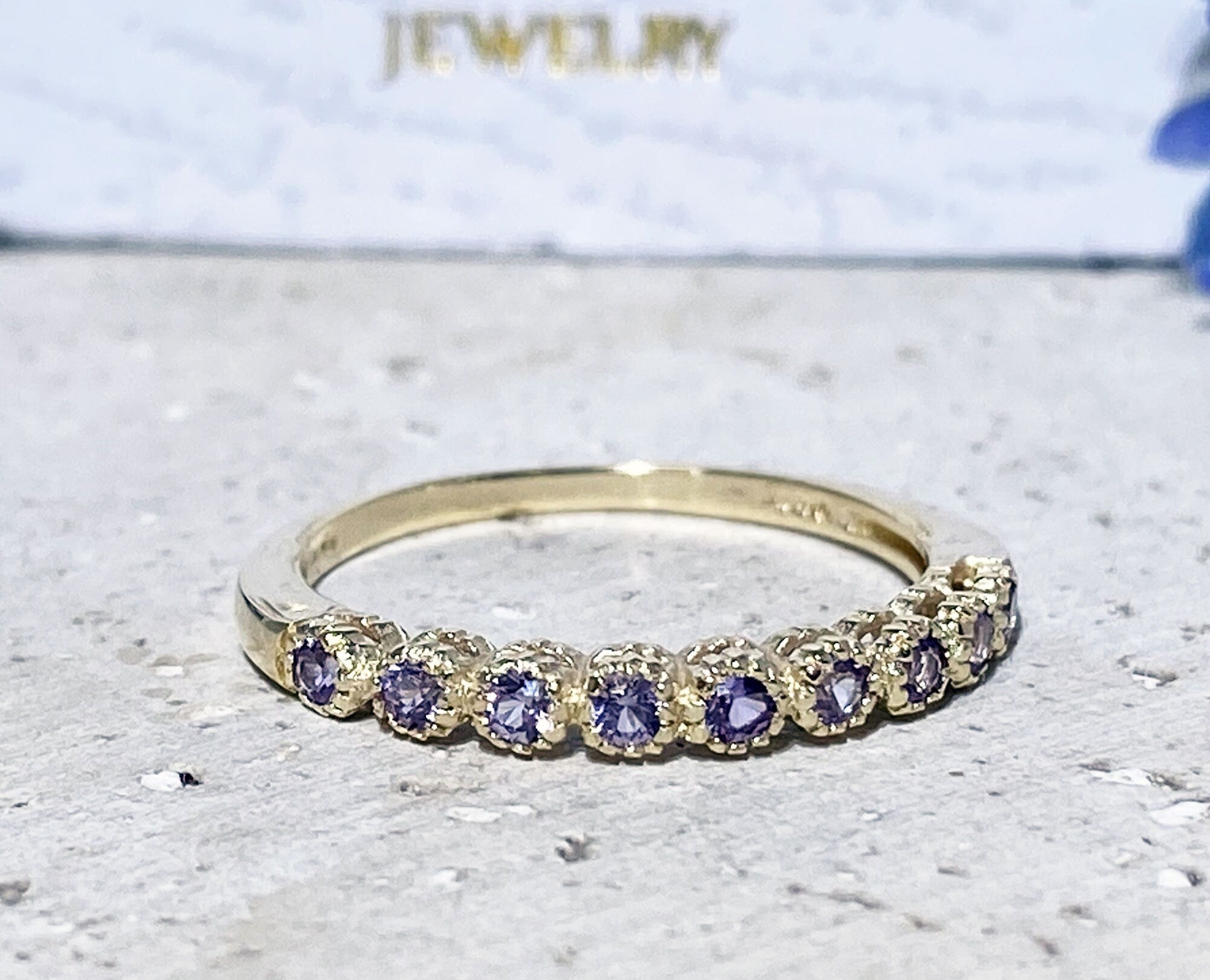 Alexandrite Ring - June Birthstone - Stacking Ring with Nine Round Alexandrite Stones - H.L.Jewelry