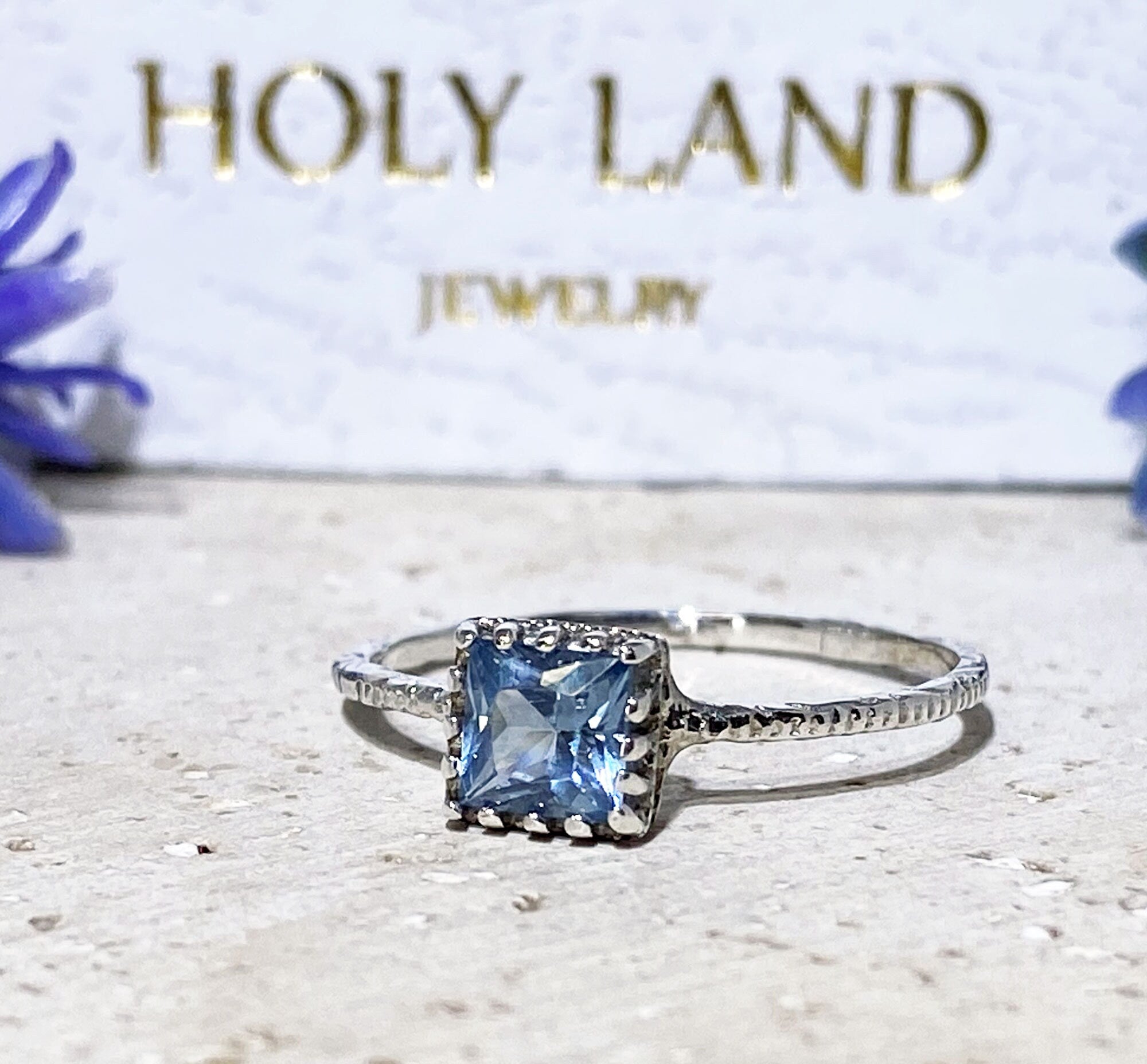 Blue Topaz Ring - December Birthstone - Blue Topaz Gemstone Square Crown Simple Hammered Ring - H.L.Jewelry