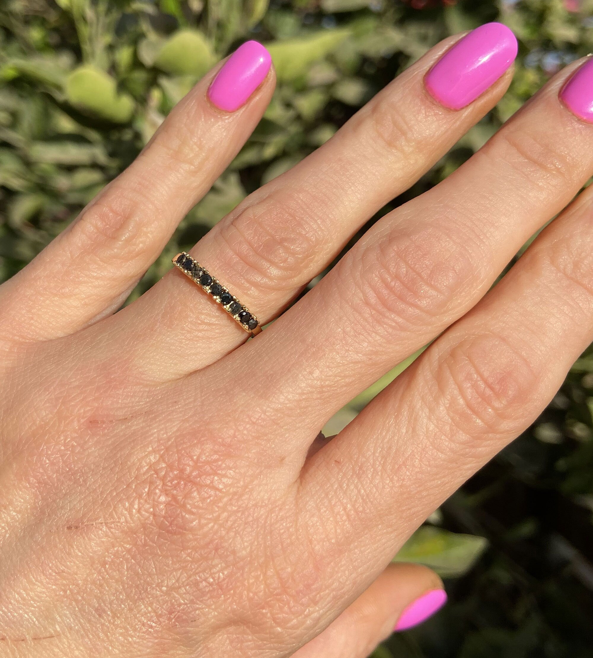 Black Onyx Ring - December Birthstone - Stacking Ring with Nine Round Black Onyx Gemstones - H.L.Jewelry