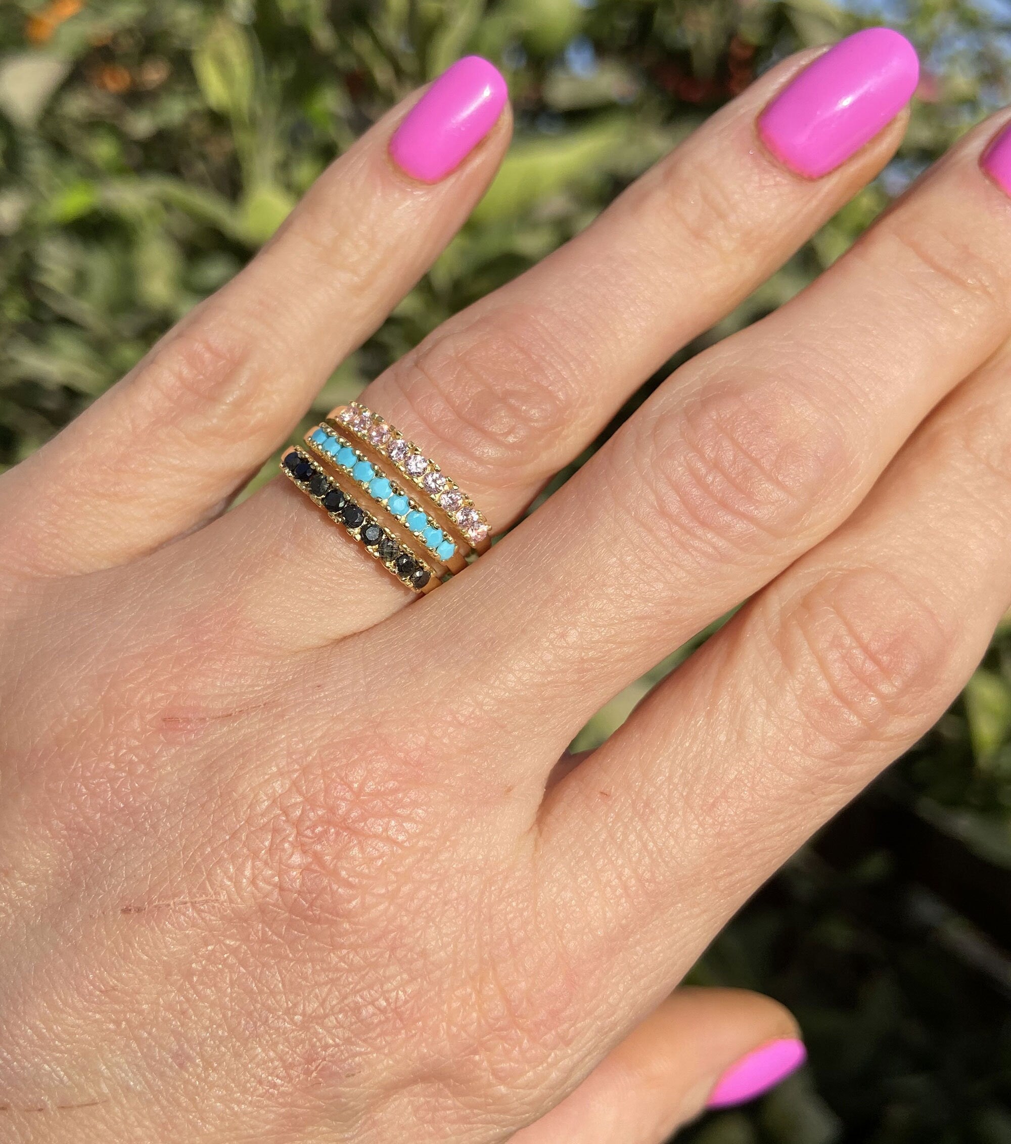 Black Onyx Ring - December Birthstone - Stacking Ring with Nine Round Black Onyx Gemstones - H.L.Jewelry