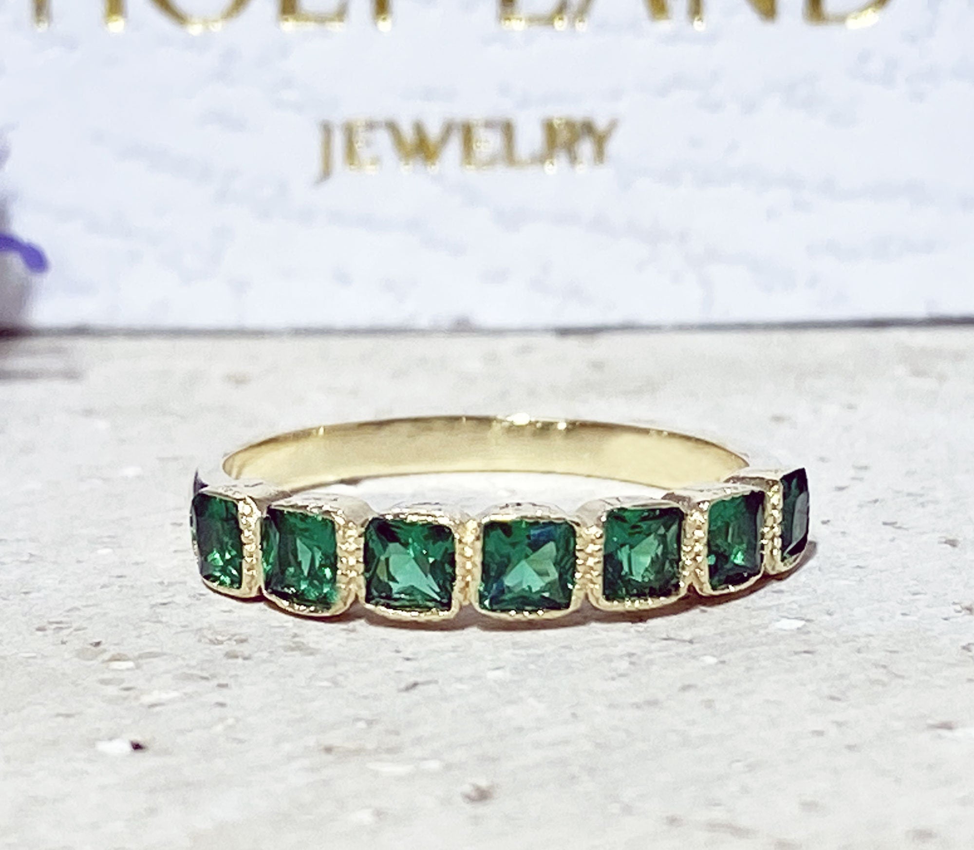 Emerald Ring - May Birthstone - Stacking Half Eternity Ring with Seven Square Emerald Gemstones - H.L.Jewelry