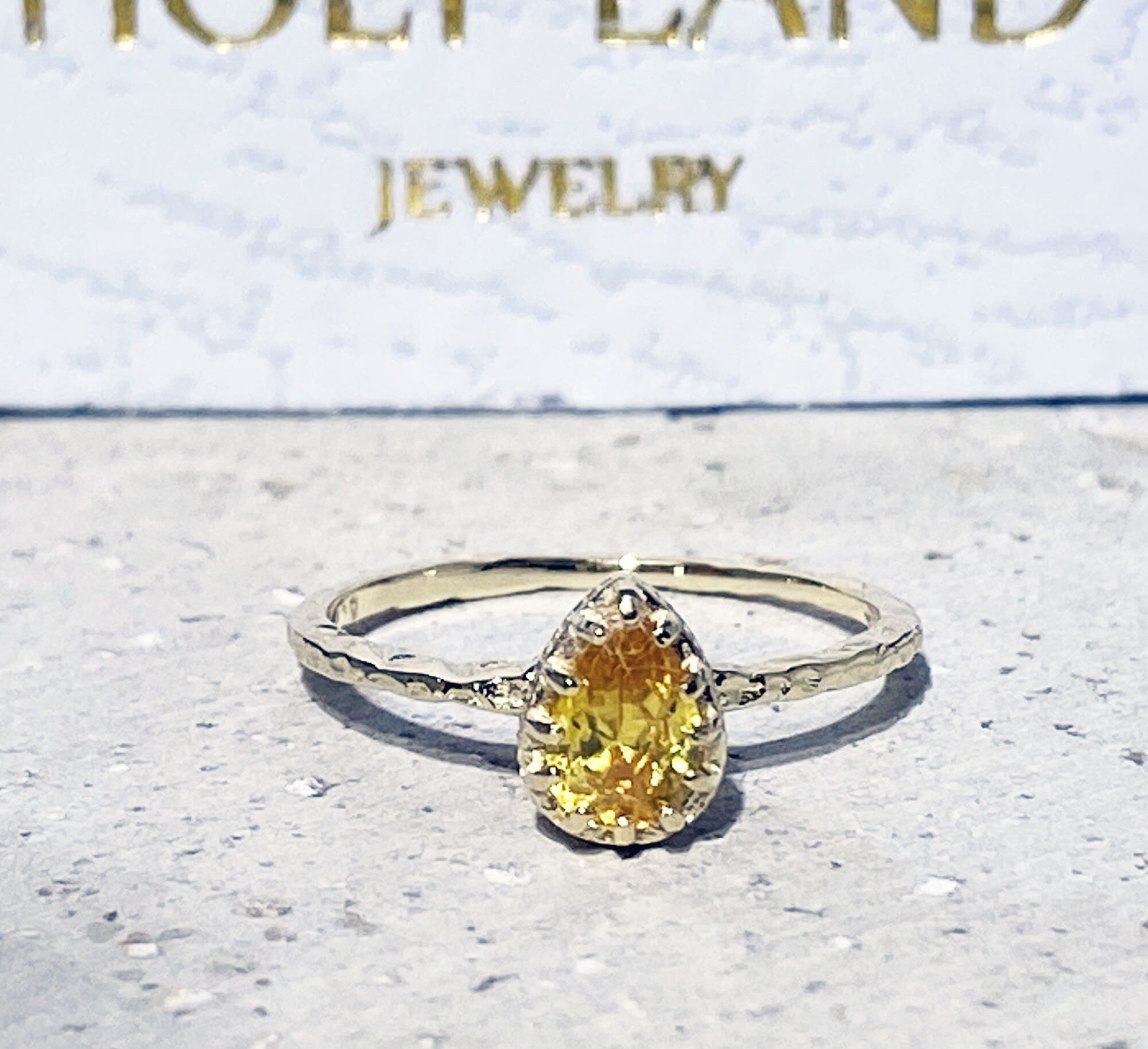 Citrine Ring - November Birthstone - Delicate Hammered Ring with Pear-Shaped Citrine Gemstone - H.L.Jewelry