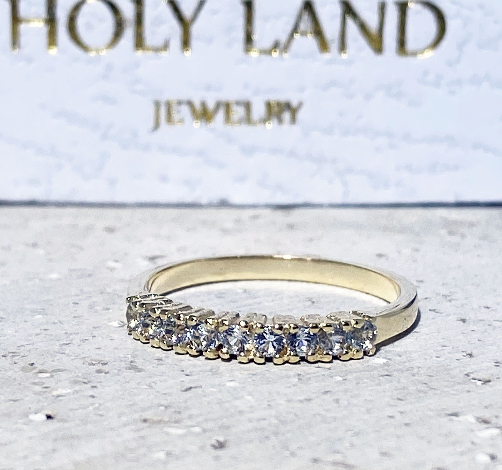 Aquamarine Ring - March Birthstone - Stacking Half Eternity Ring with 9 Round Aquamarine Gemstones - H.L.Jewelry