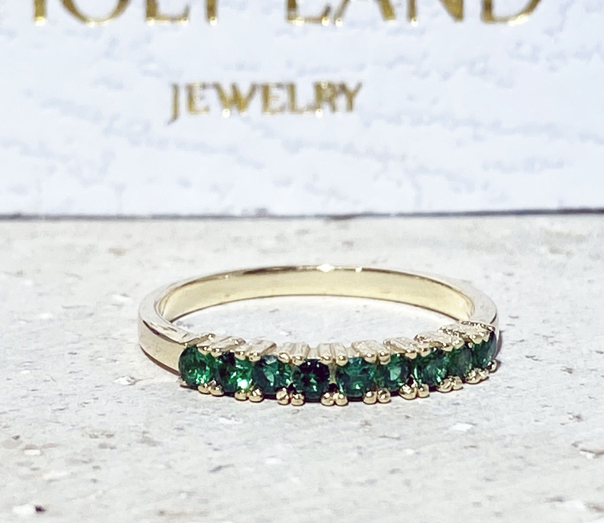 Emerald Ring - May Birthstone Jewelry - Stacking Half Eternity Ring with Nine Round Emeralds - H.L.Jewelry