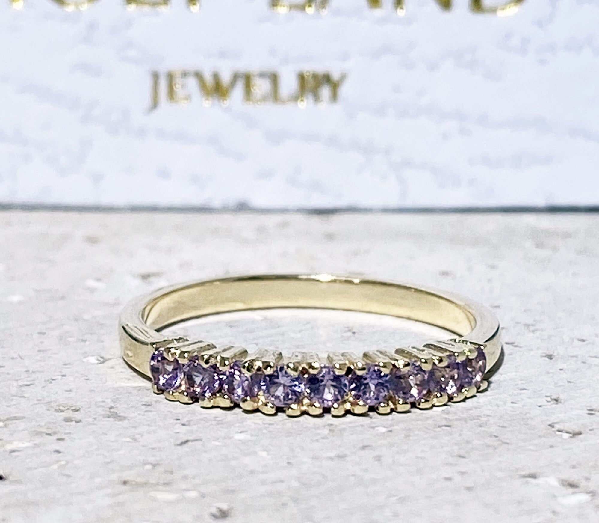 Alexandrite Ring - June Birthstone - Stacking Ring with Nine Round Alexandrite Stones - H.L.Jewelry