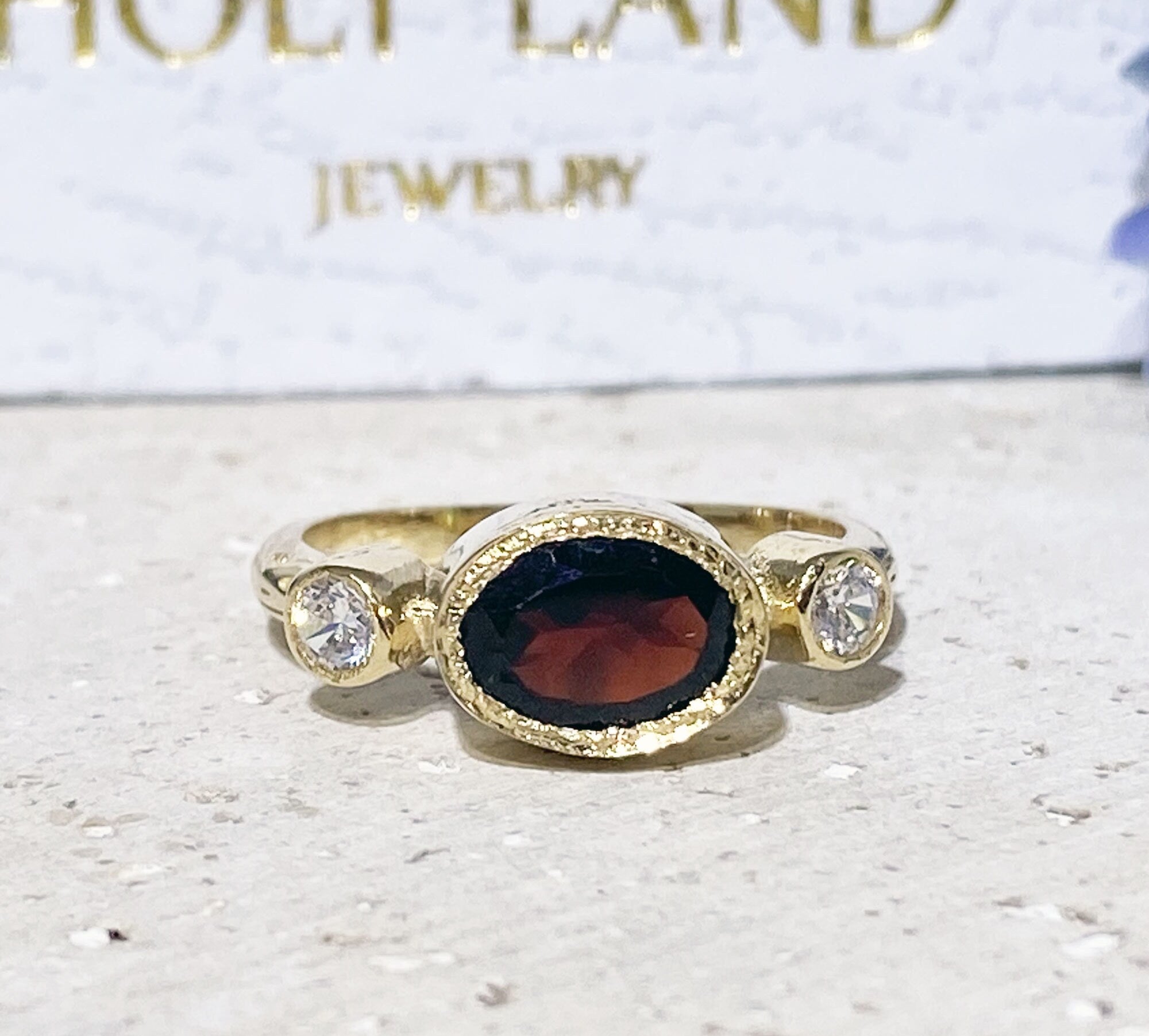 Red Garnet Ring - January Birthstone - Bezel Set Ring with Oval Red Garnet Gemstone and Clear Quartz Accents - H.L.Jewelry