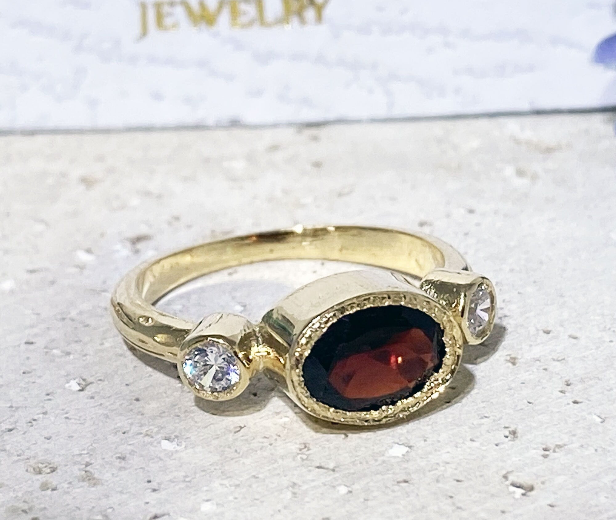 Red Garnet Ring - January Birthstone - Bezel Set Ring with Oval Red Garnet Gemstone and Clear Quartz Accents - H.L.Jewelry