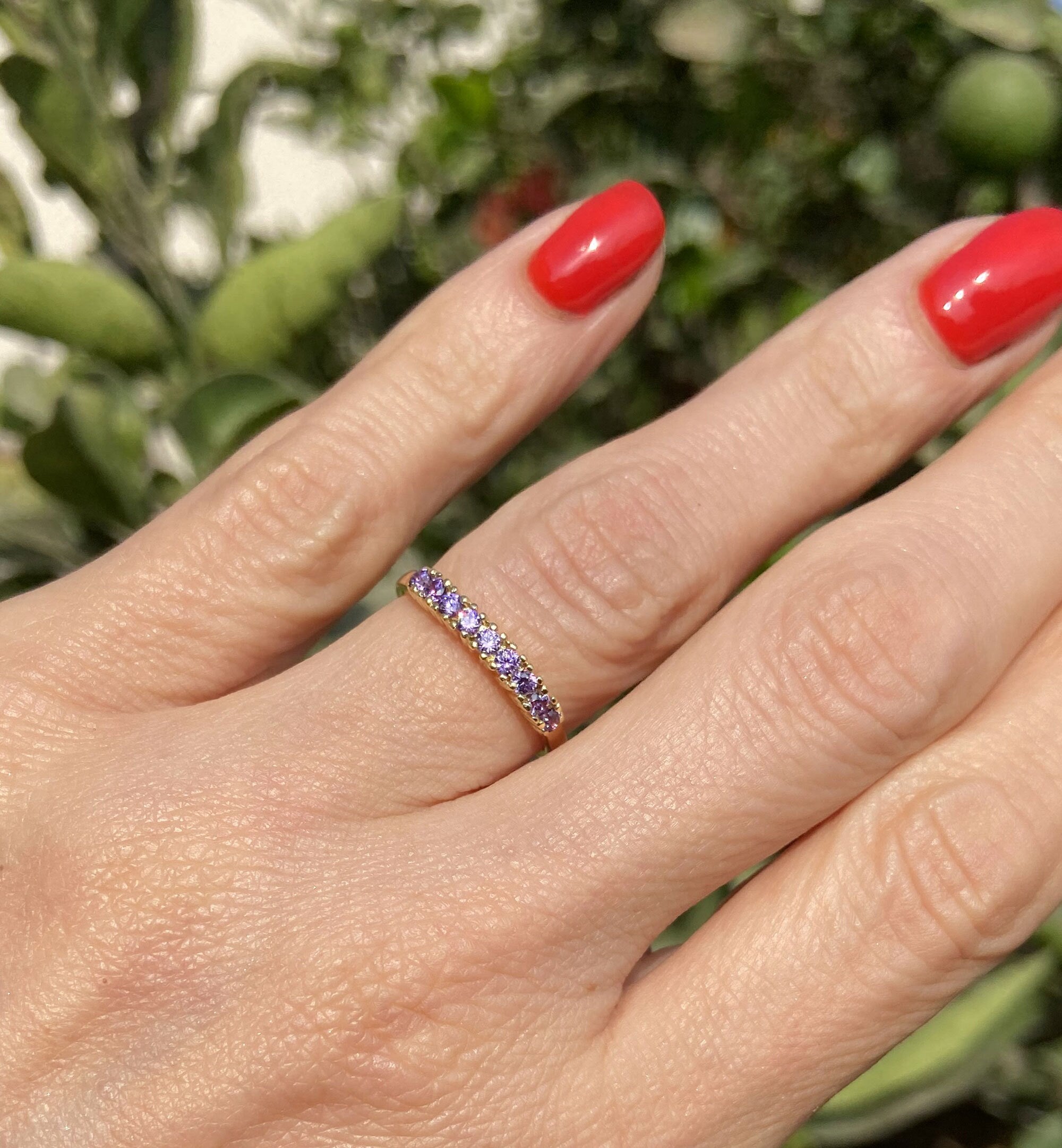 Purple Amethyst Ring - February Birthstone - Stacking Ring with Nine Round Purple Amethyst Stones - H.L.Jewelry