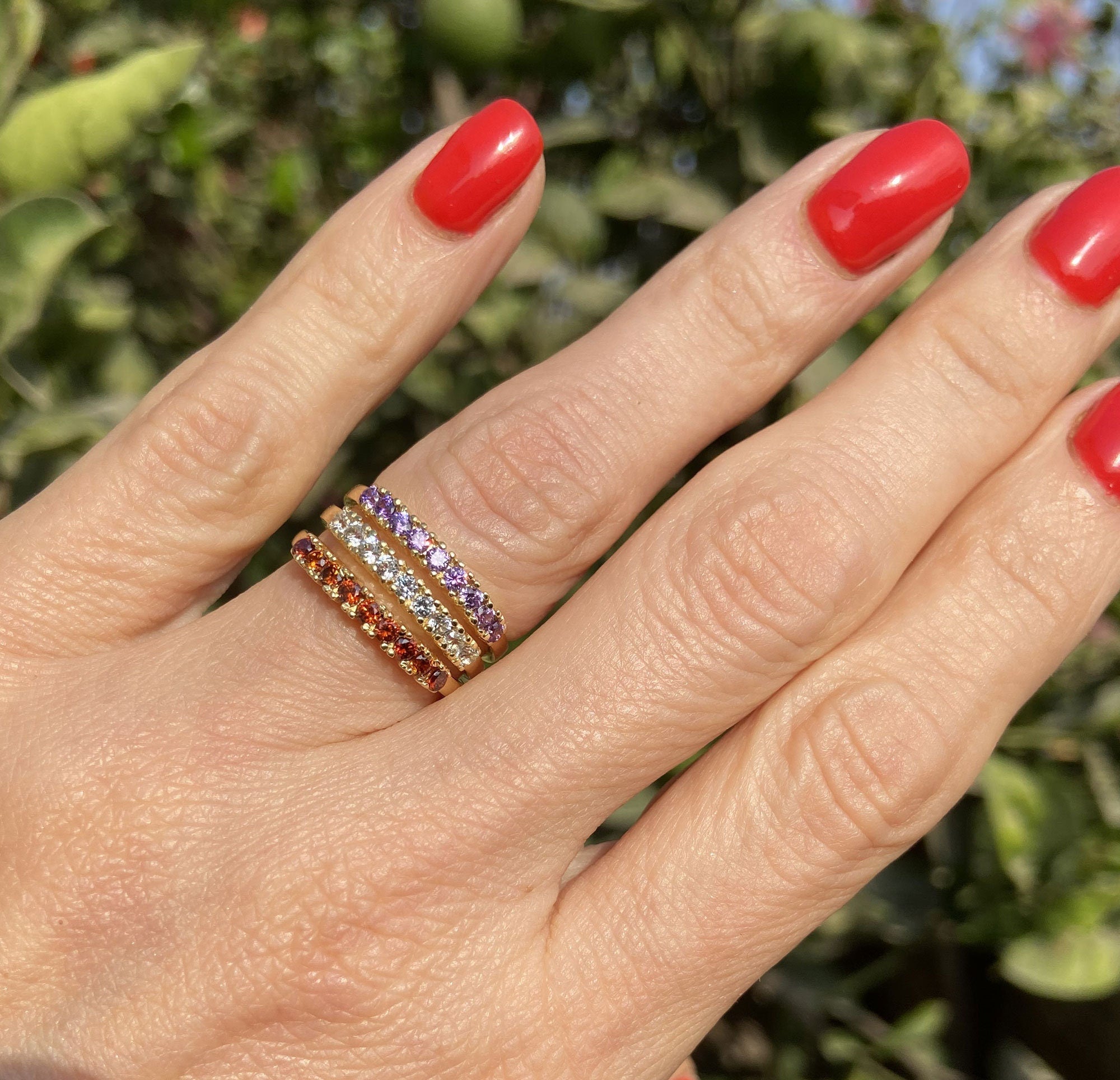 Red Garnet Ring - January Birthstone - Half Eternity Ring - Stack Ring - Tiny Ring - Prong Ring - Simple Jewelry - H.L.Jewelry