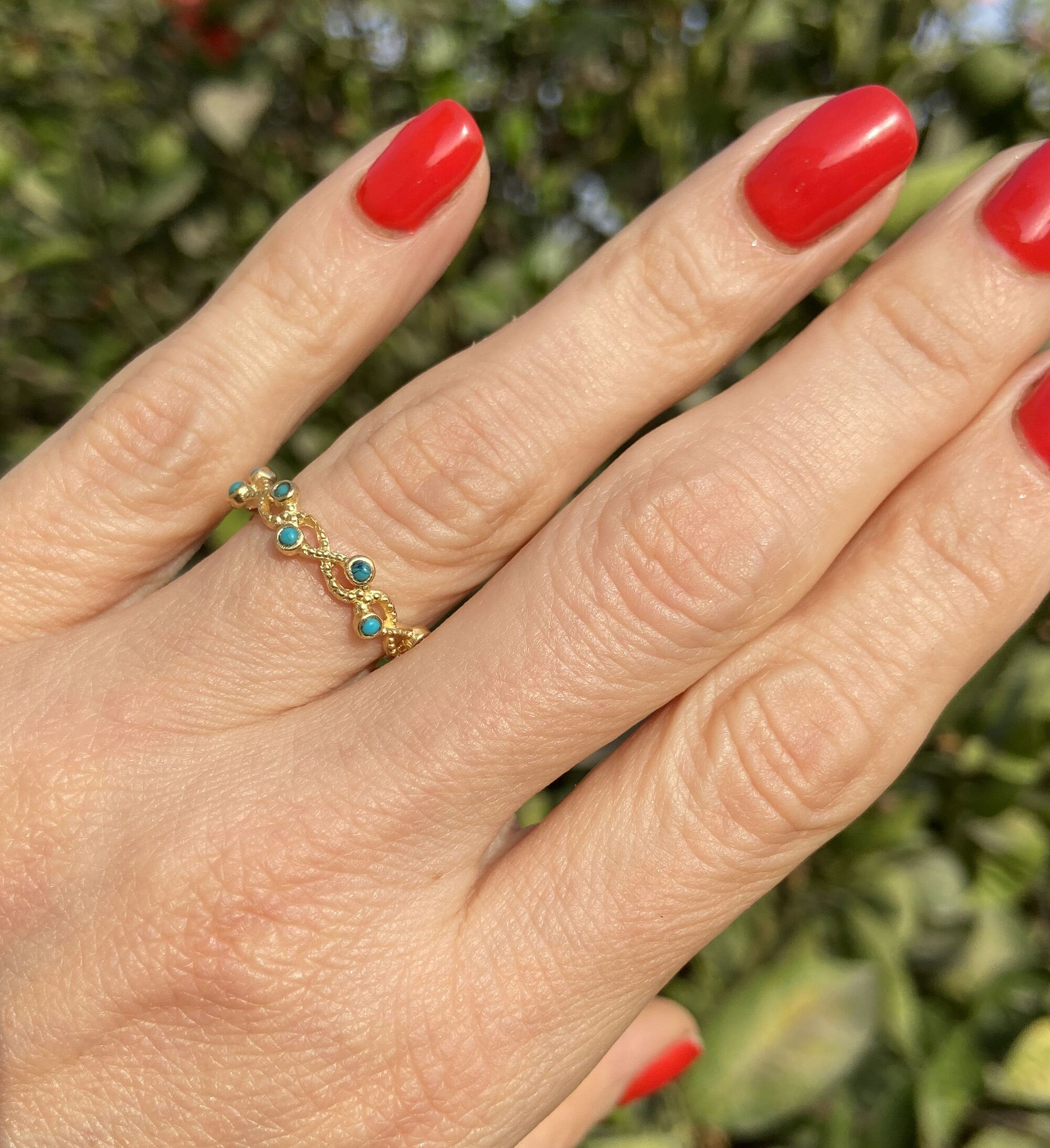 Green Turquoise Ring - December Birthstone - Infinity Ring with Ten Small Round Green Turquoise Gemstones - H.L.Jewelry