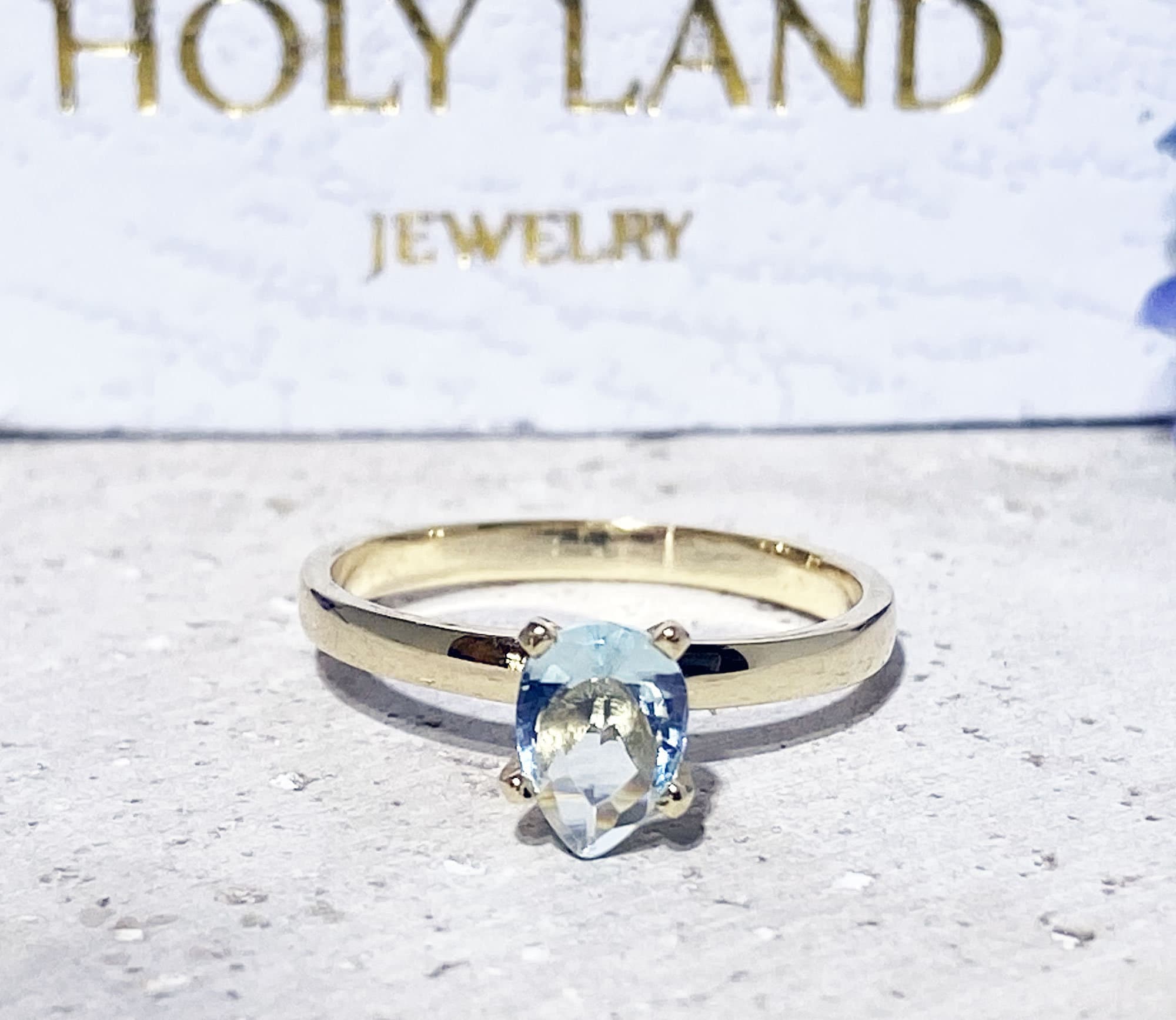 Aquamarine Ring - March Birthstone - Solitaire Ring with Pear-Shaped Aquamarine Gemstone - H.L.Jewelry