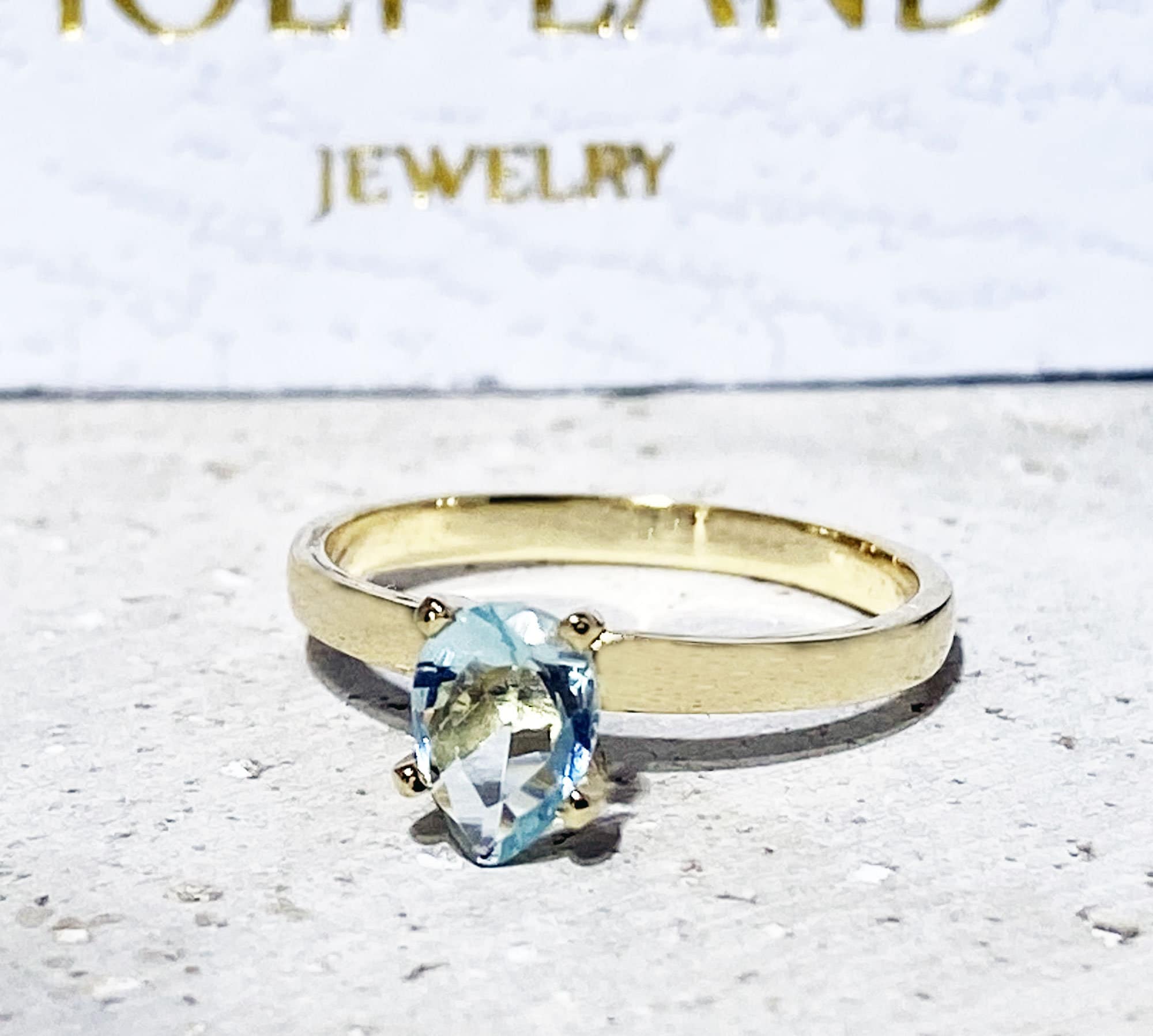 Aquamarine Ring - March Birthstone - Solitaire Ring with Pear-Shaped Aquamarine Gemstone - H.L.Jewelry