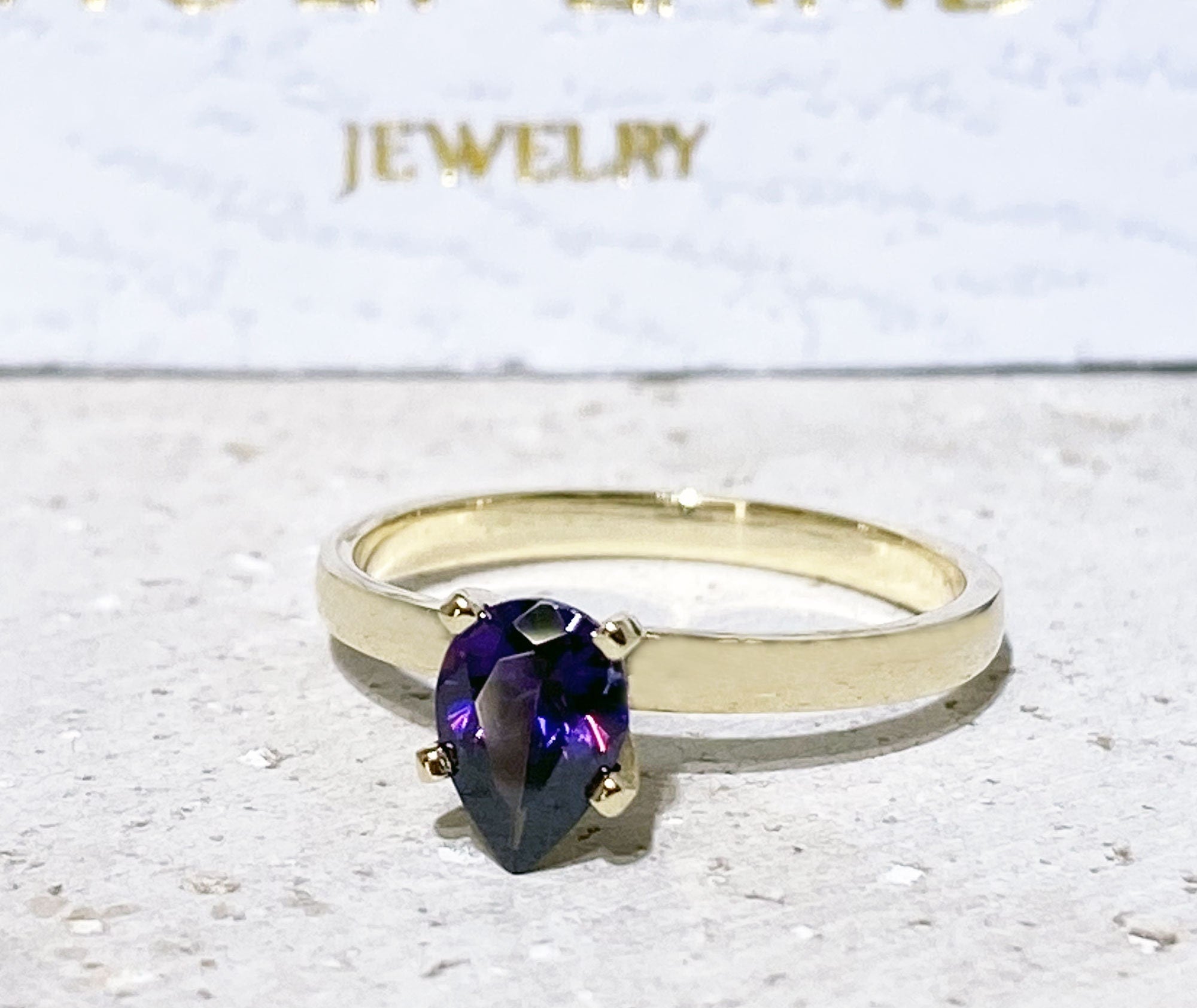 Amethyst Ring - February Birthstone - Solitaire Ring with Pear-Shaped Amethyst Gemstone - H.L.Jewelry