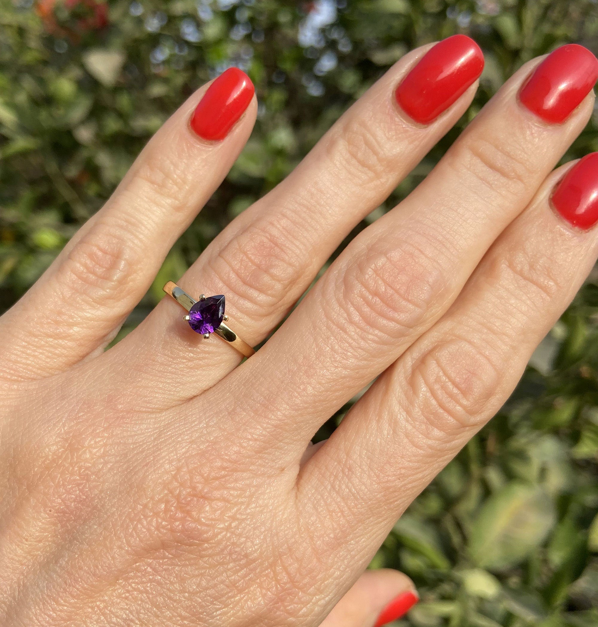 Amethyst Ring - February Birthstone - Solitaire Ring with Pear-Shaped Amethyst Gemstone - H.L.Jewelry