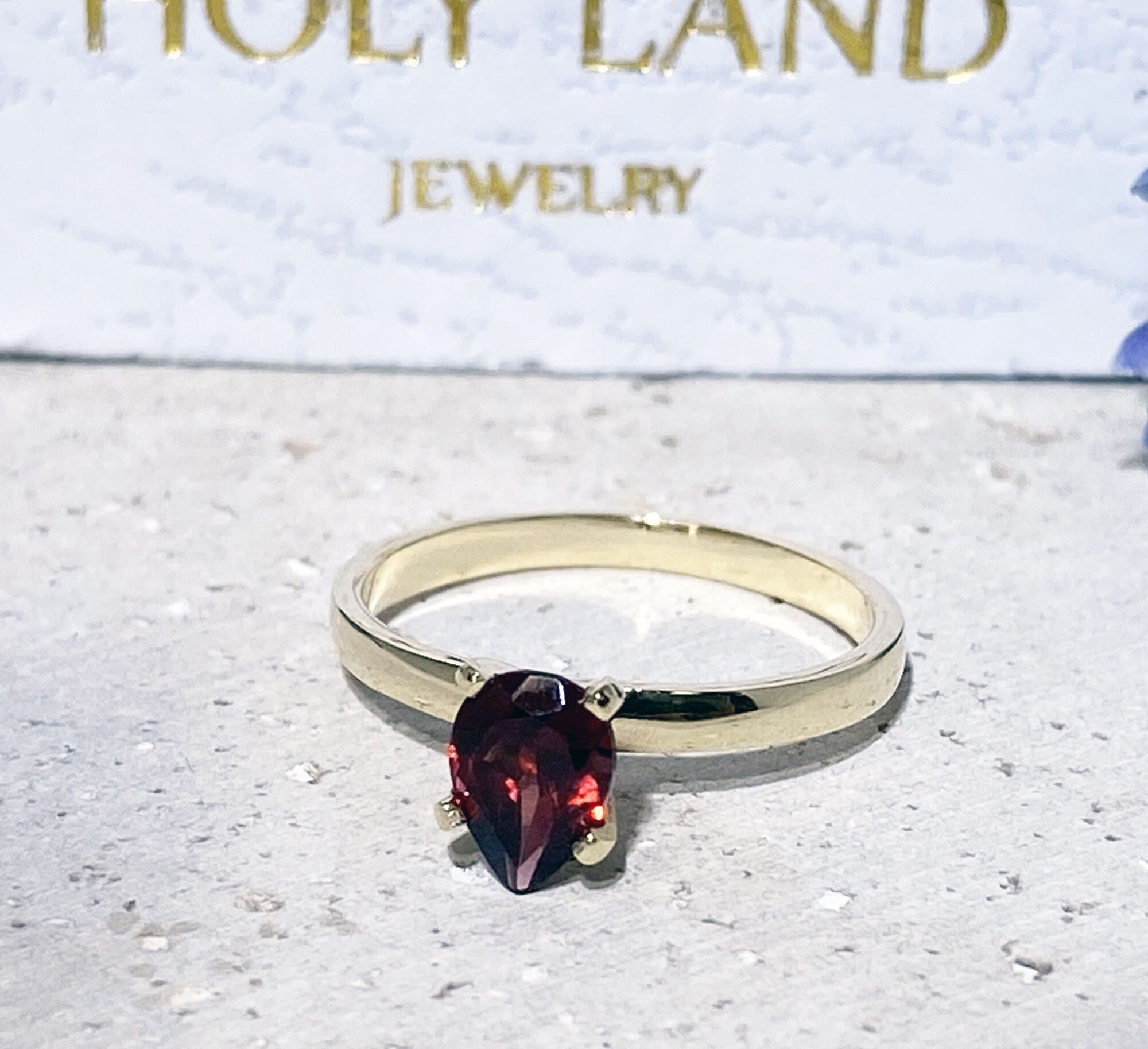 Red Garnet Ring - January Birthstone - Solitaire Ring with Pear-Shaped Red Garnet Gemstone - H.L.Jewelry