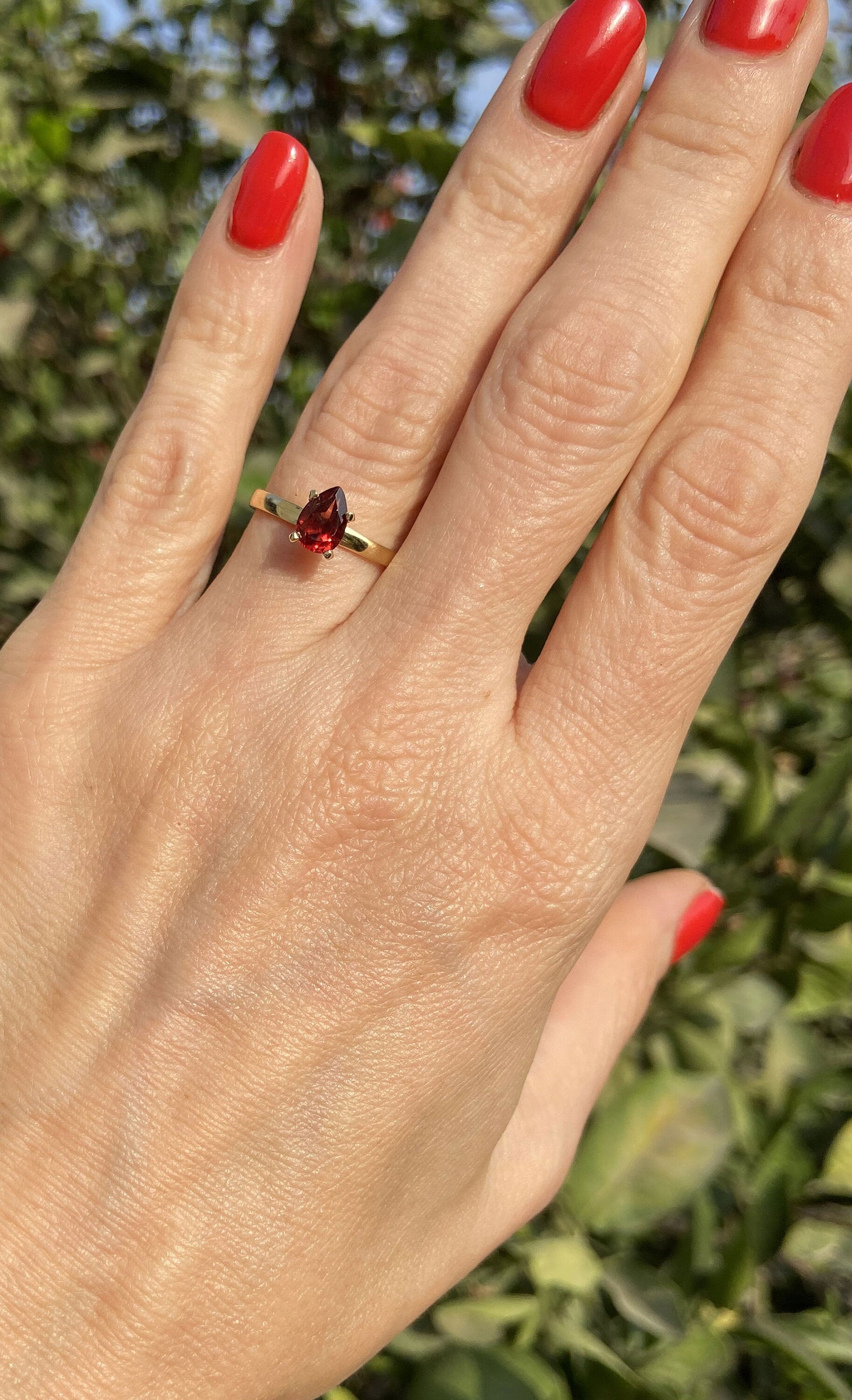 Red Garnet Ring - January Birthstone - Solitaire Ring with Pear-Shaped Red Garnet Gemstone - H.L.Jewelry