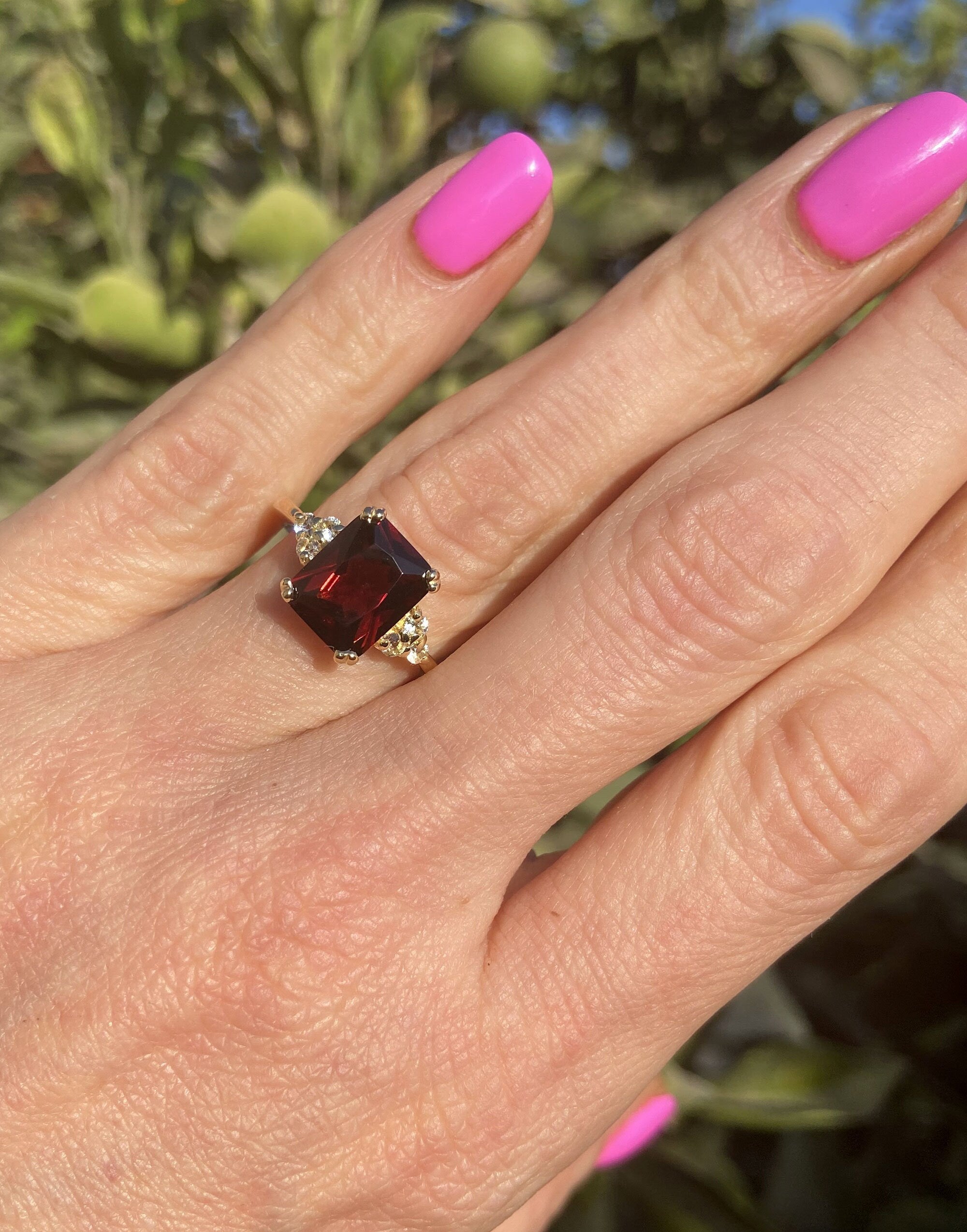 Red Garnet Ring - January Birthstone - Octagon Red Garnet Gemstone Statement Engagement Ring with Clear Quartz Accents - H.L.Jewelry