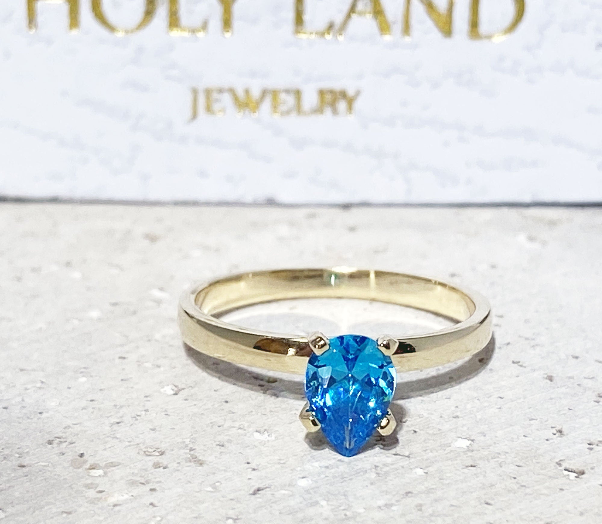 Blue Topaz Ring - December Birthstone - Solitaire Ring with Pear-Shaped Blue Topaz Gemstone - H.L.Jewelry