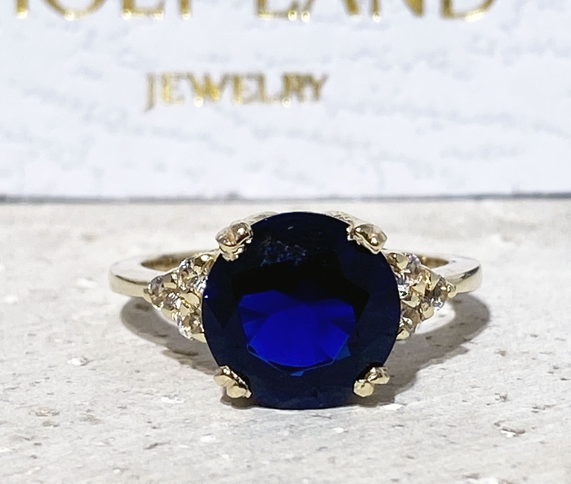 Blue Sapphire Ring - September Birthstone - Round Blue Sapphire Statement Engagement Ring with Clear Quartz Accents - H.L.Jewelry