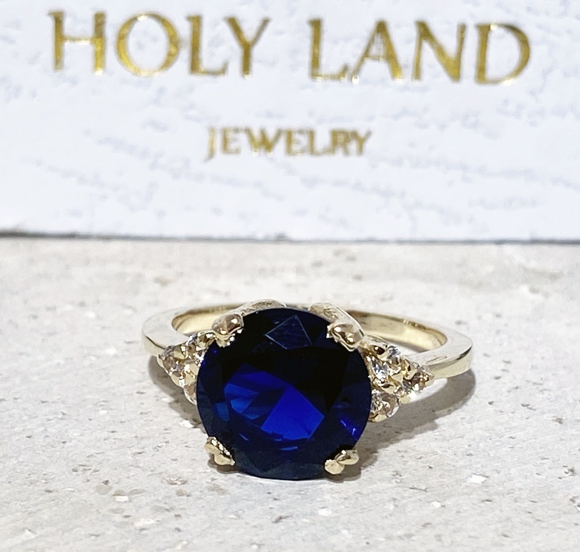 Blue Sapphire Ring - September Birthstone - Round Blue Sapphire Statement Engagement Ring with Clear Quartz Accents - H.L.Jewelry