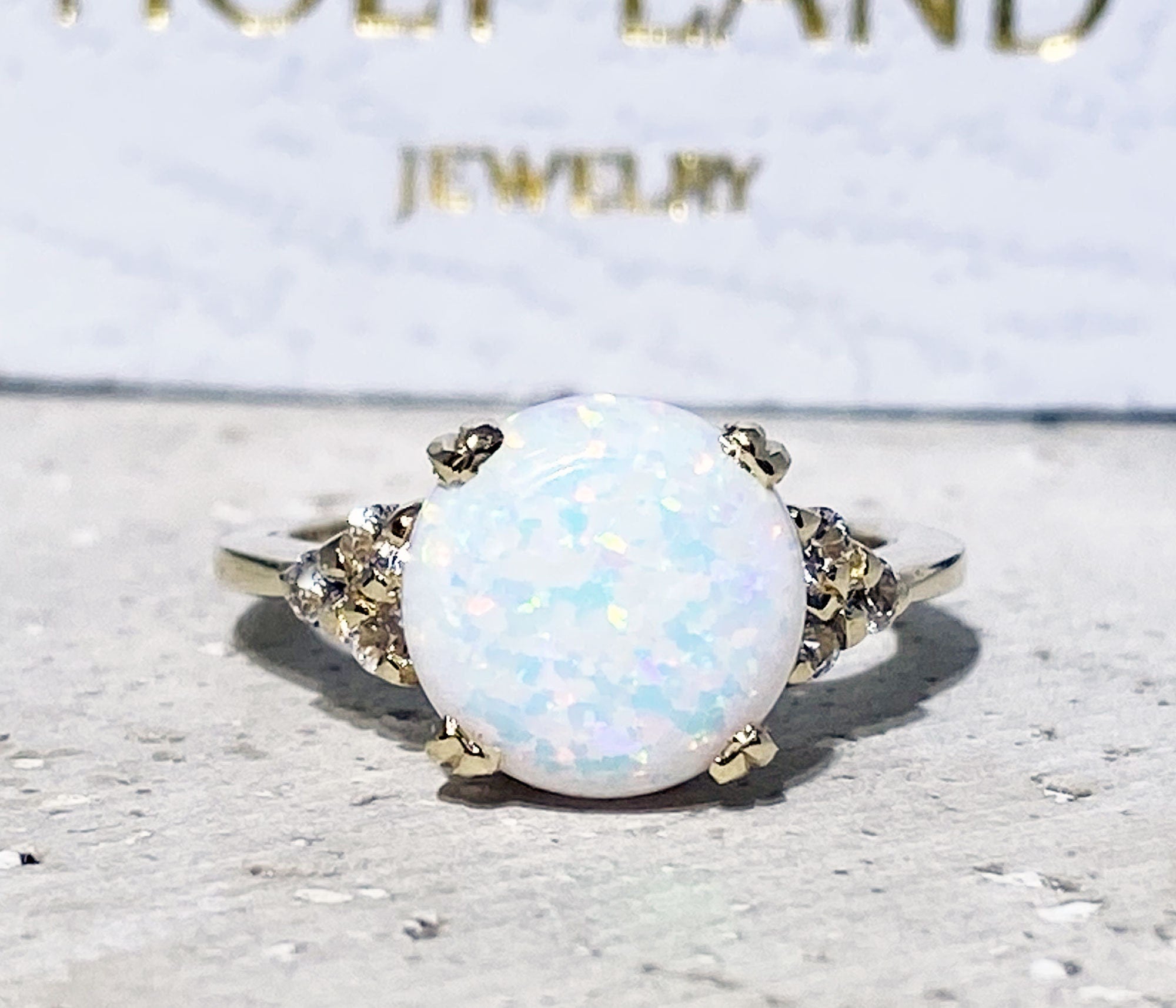 White Opal Ring - Round White Opal Gemstone Statement Engagement Ring with Clear Quartz Accents - H.L.Jewelry