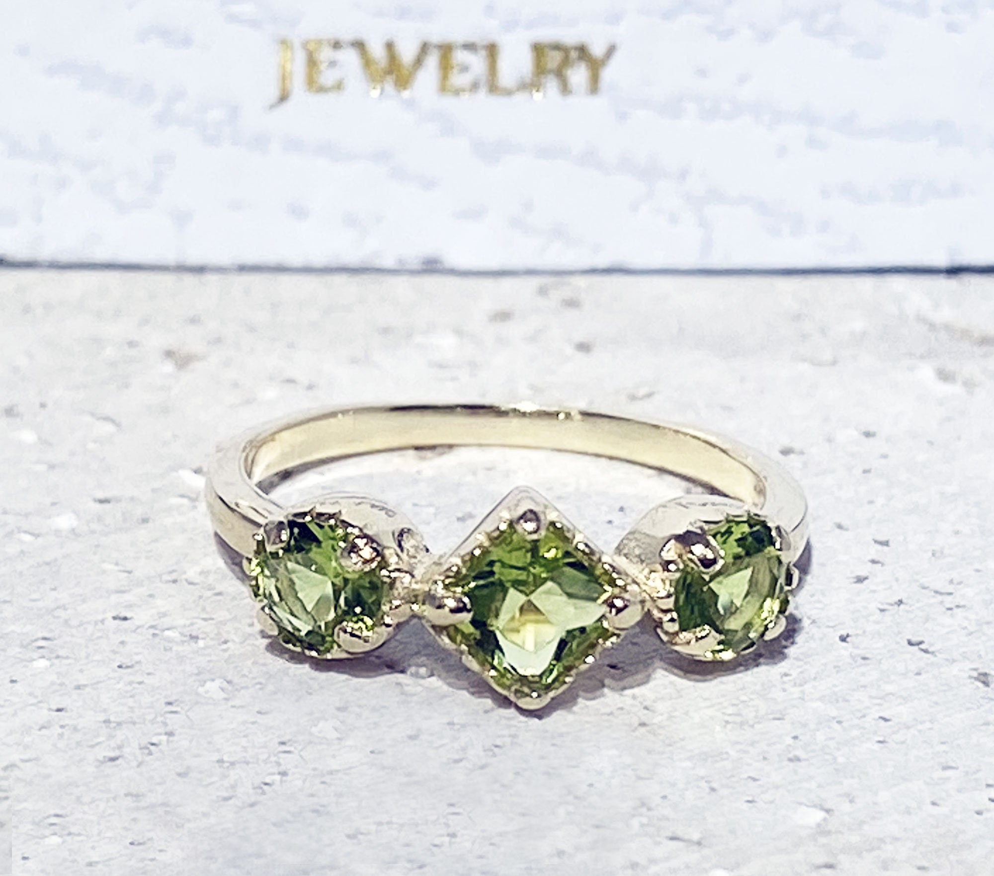 Peridot Ring - August Birthstone - Ring with Square Peridot Center Stone and Side Accents - H.L.Jewelry