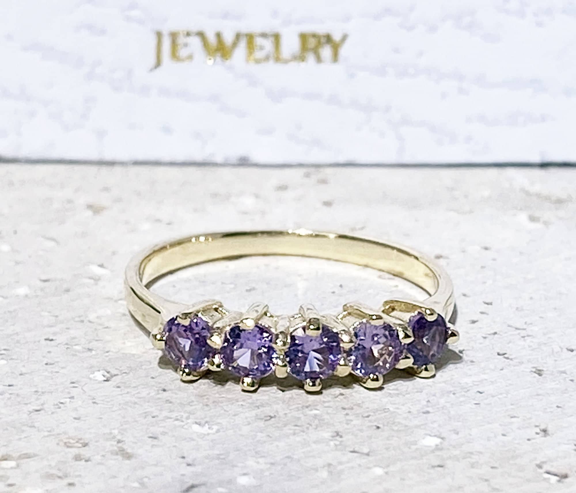 Alexandrite Ring - June Birthstone - Stacking Ring with Five Round Alexandrite Stones - H.L.Jewelry