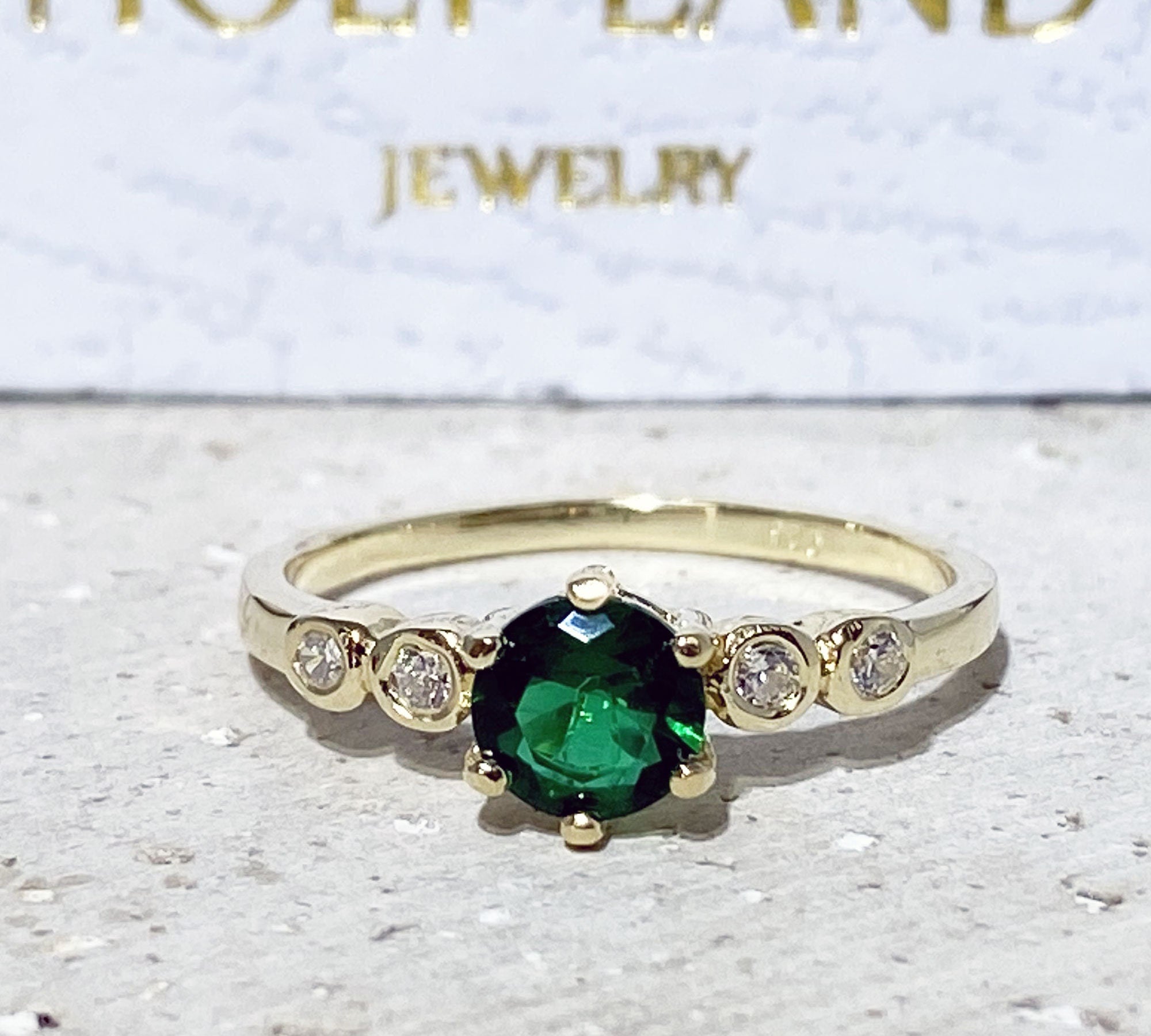 Emerald Ring - May Birthstone - Delicate Ring with Round Emerald Gemstone and Clear Quartz Accents - H.L.Jewelry