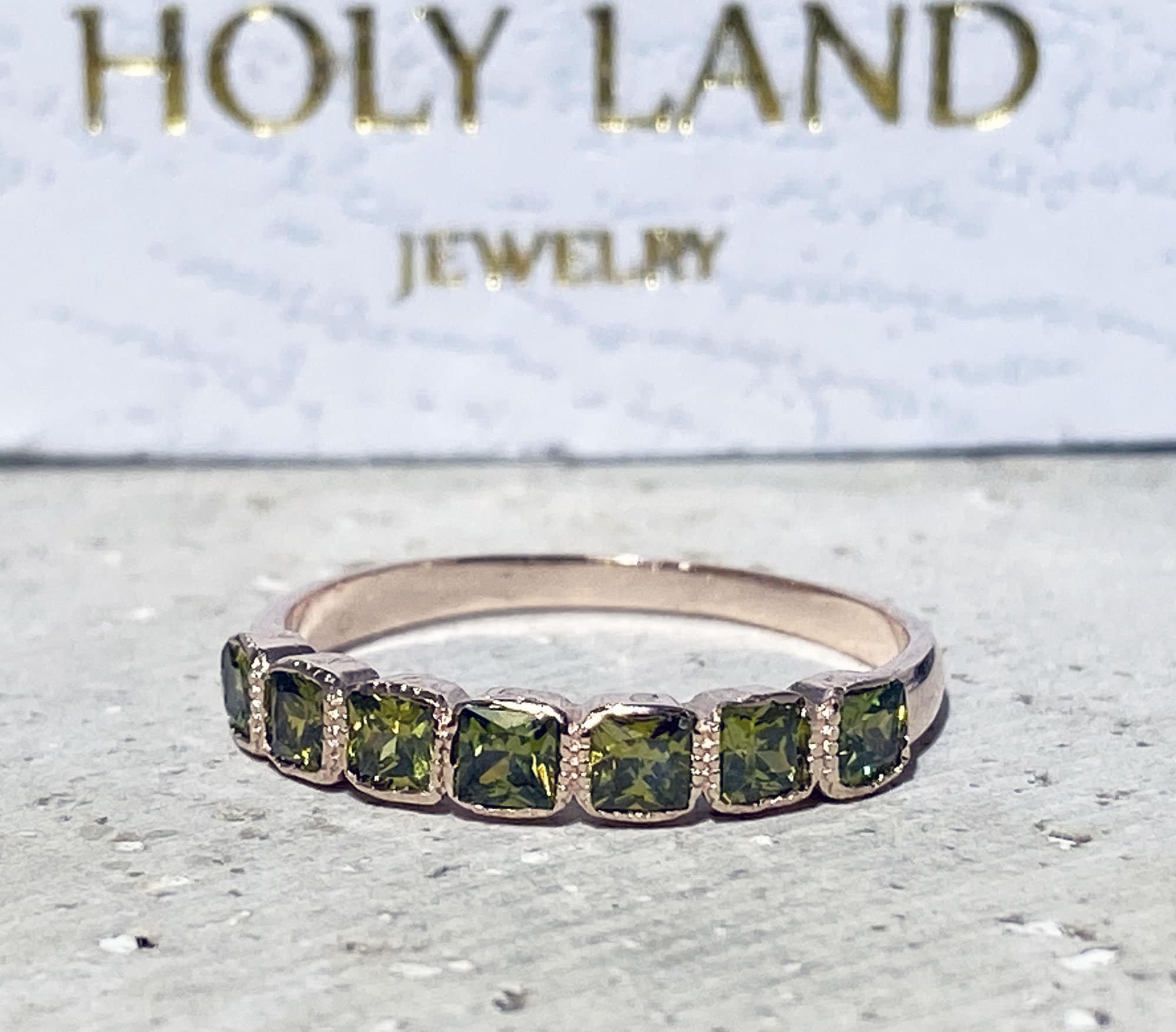 Peridot Ring - August Birthstone - Stacking Half Eternity Ring with Seven Square Peridot Gemstones - H.L.Jewelry